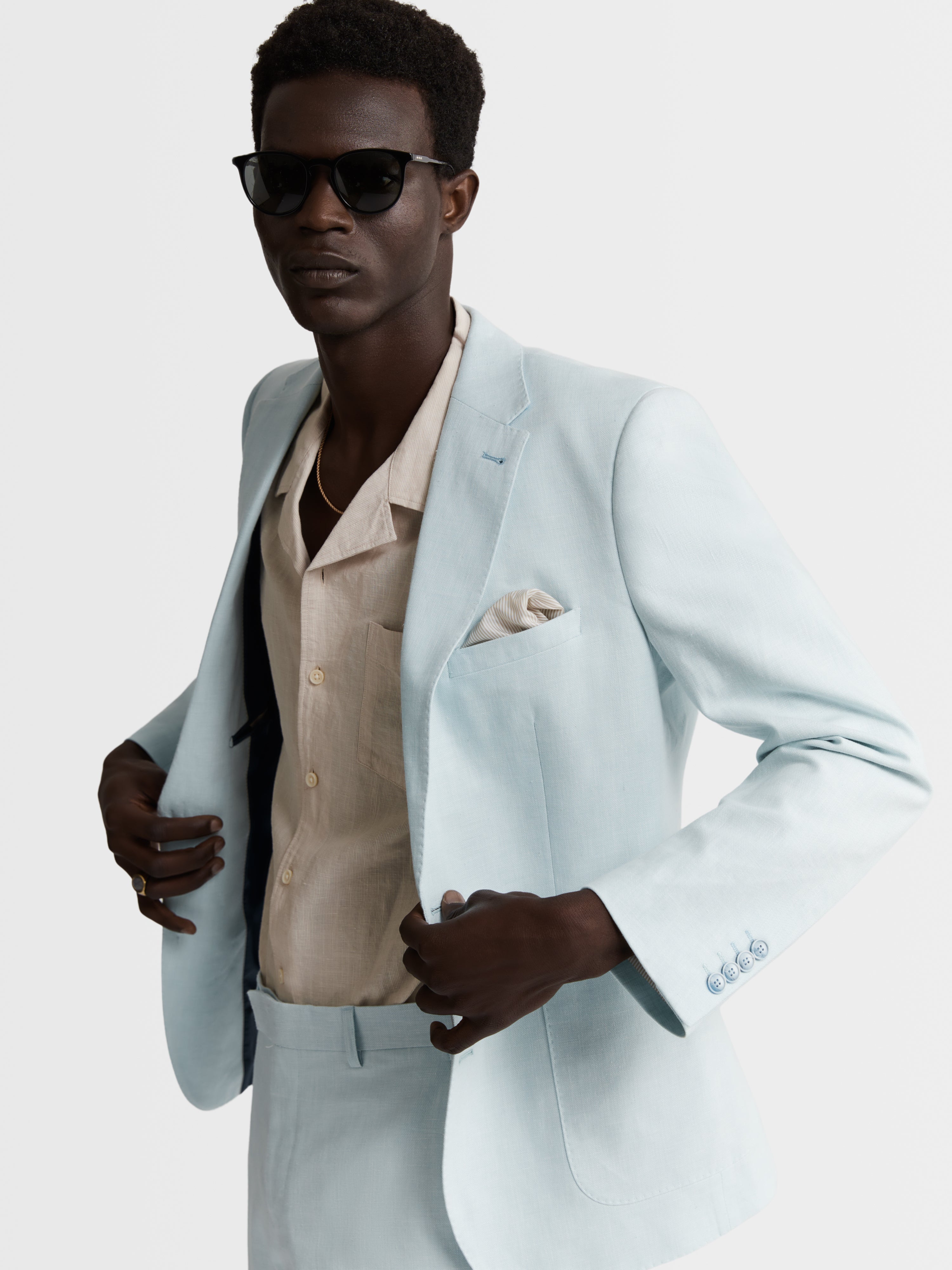 Slim Fit Single Breasted Linen Suit Jacket in Light Blue