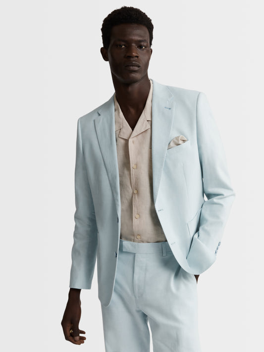 Image 1 of Slim Fit Single Breasted Linen Suit Jacket in Light Blue