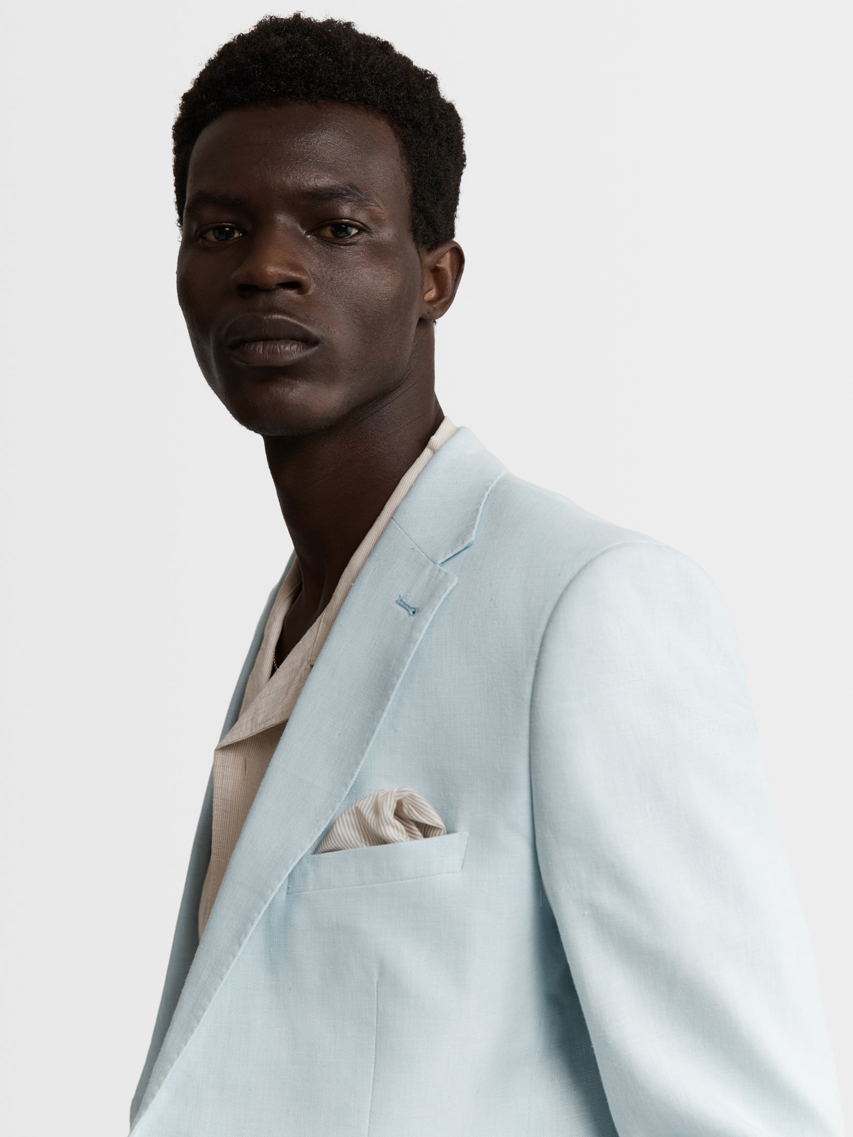 Slim Fit Single Breasted Linen Suit Jacket in Light Blue