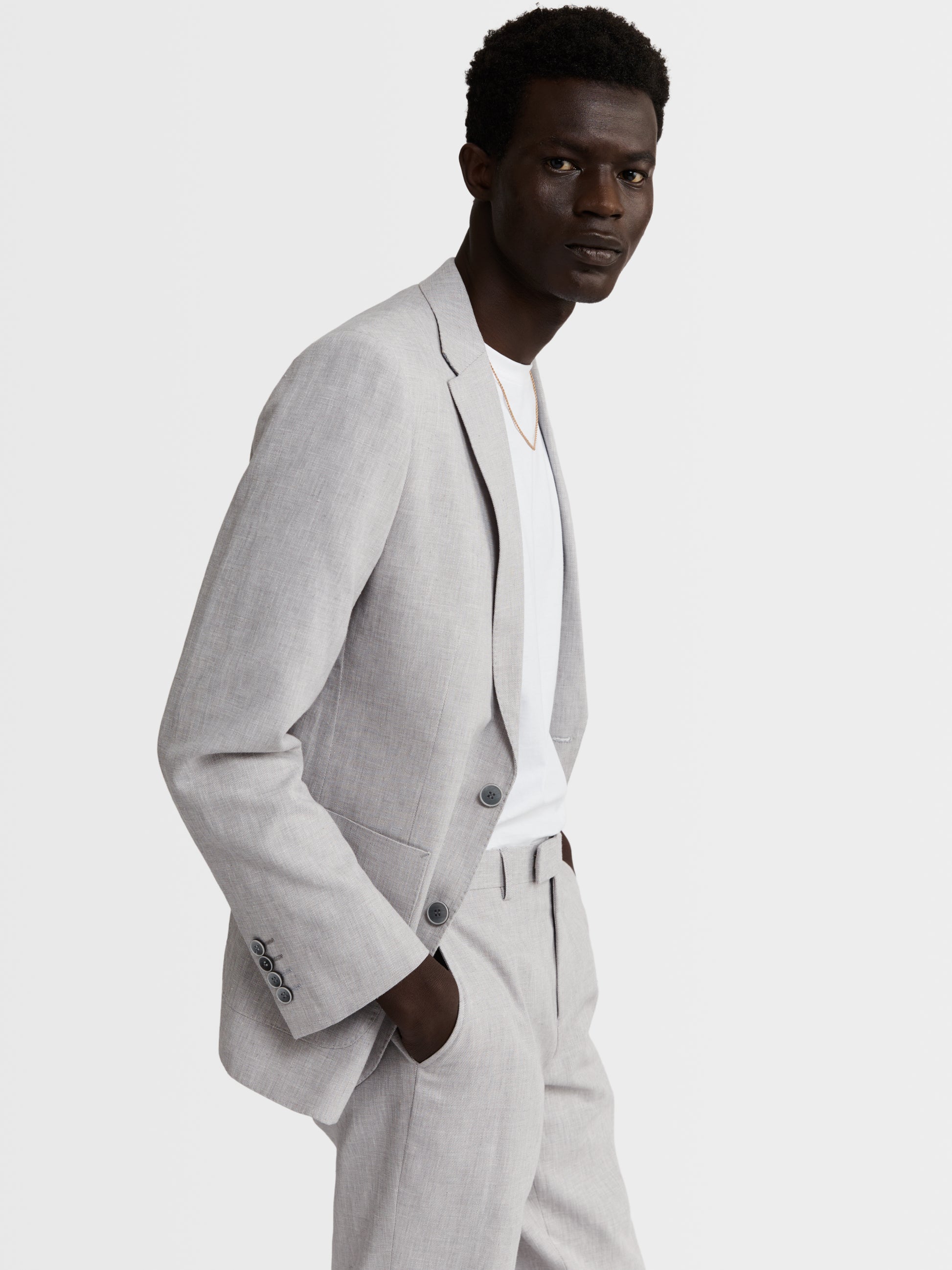 Image 1 of Slim Fit Single Breasted Linen Suit Jacket in Light Grey