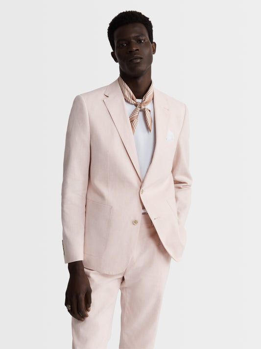 Image 1 of Slim Fit Single Breasted Linen Suit Jacket in Light Pink