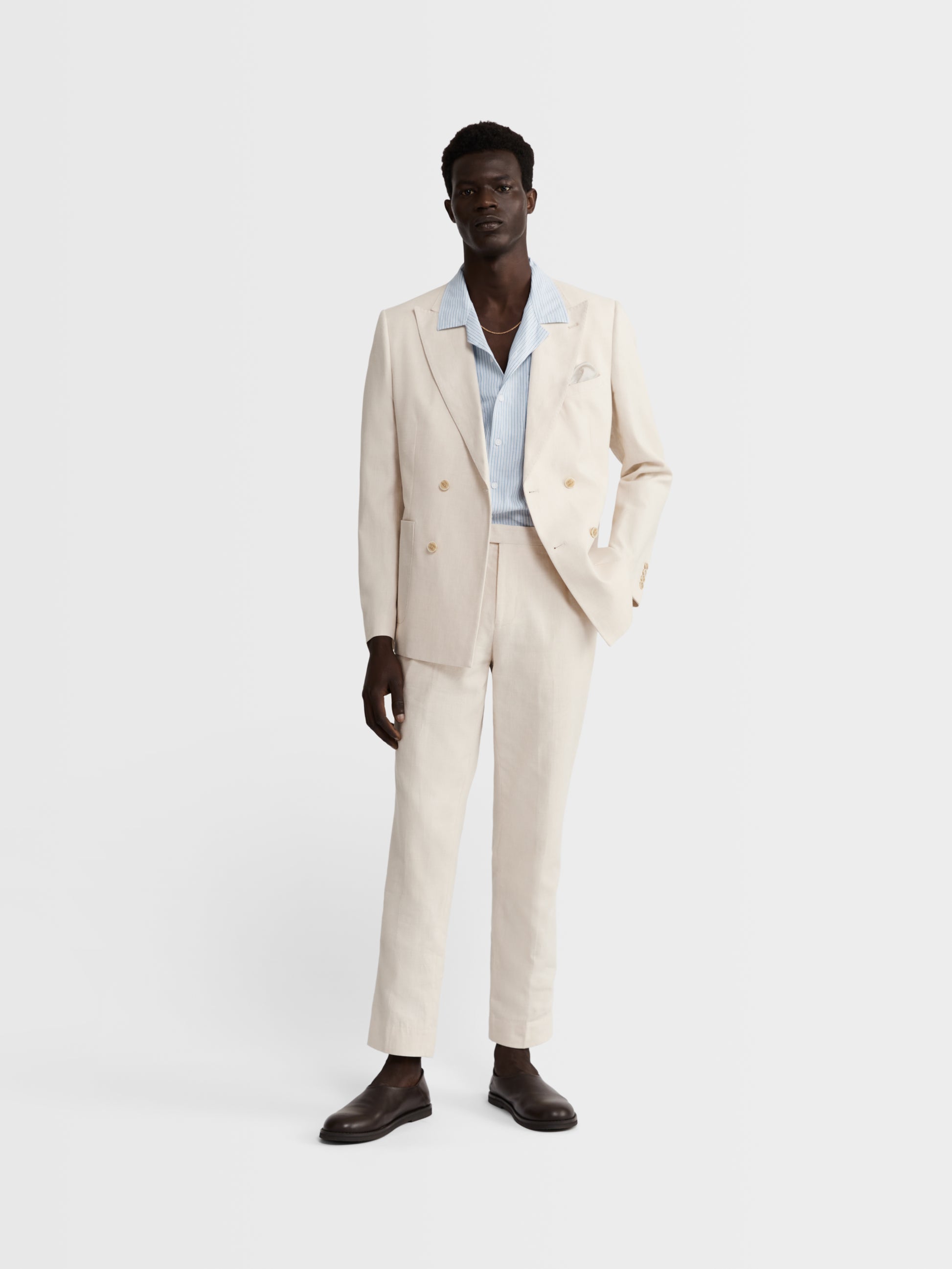 Image 1 of Slim Fit Double Breasted Linen Suit Jacket in Ecru