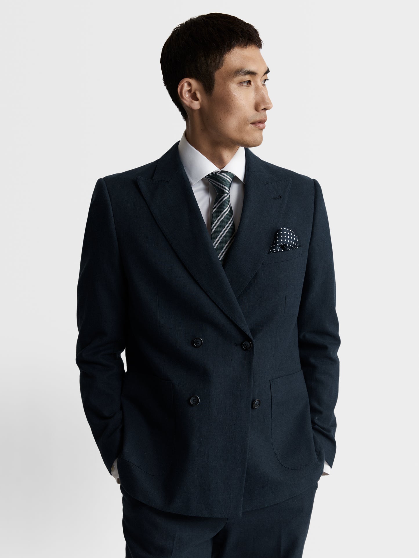 Image 1 of Slim Fit Double Breasted Linen Suit Jacket in Navy