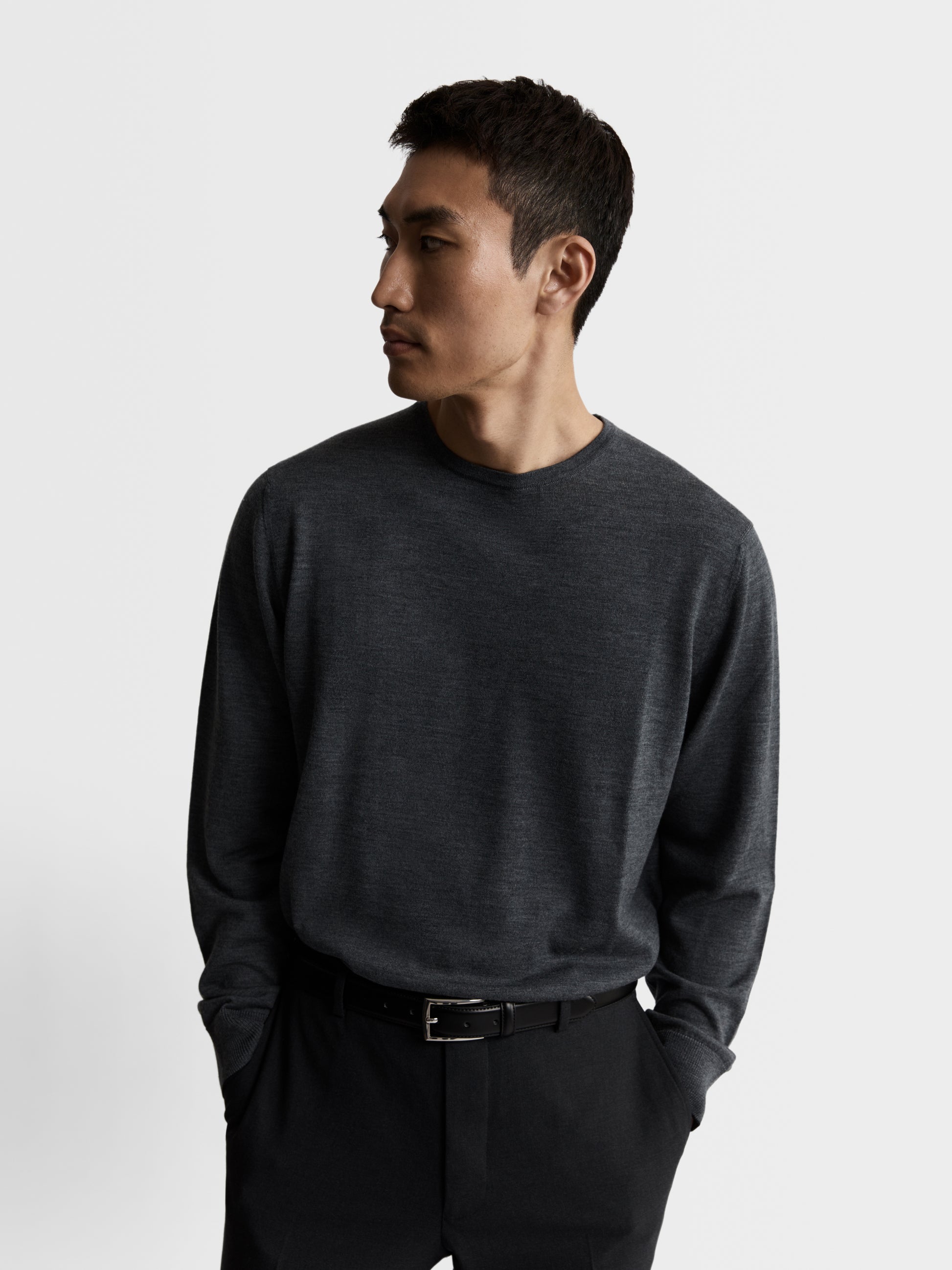 Romney Charcoal Crew Neck Slim Fit Merino Wool Jumper –