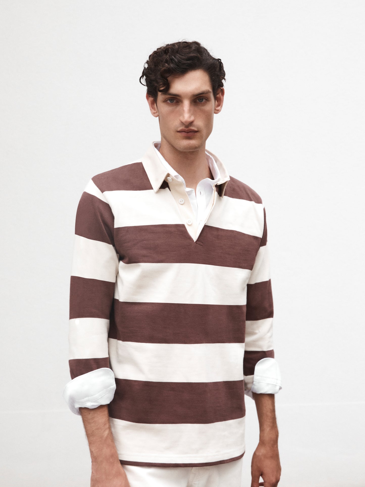Cotton Rugby Shirt in Brown Stripe