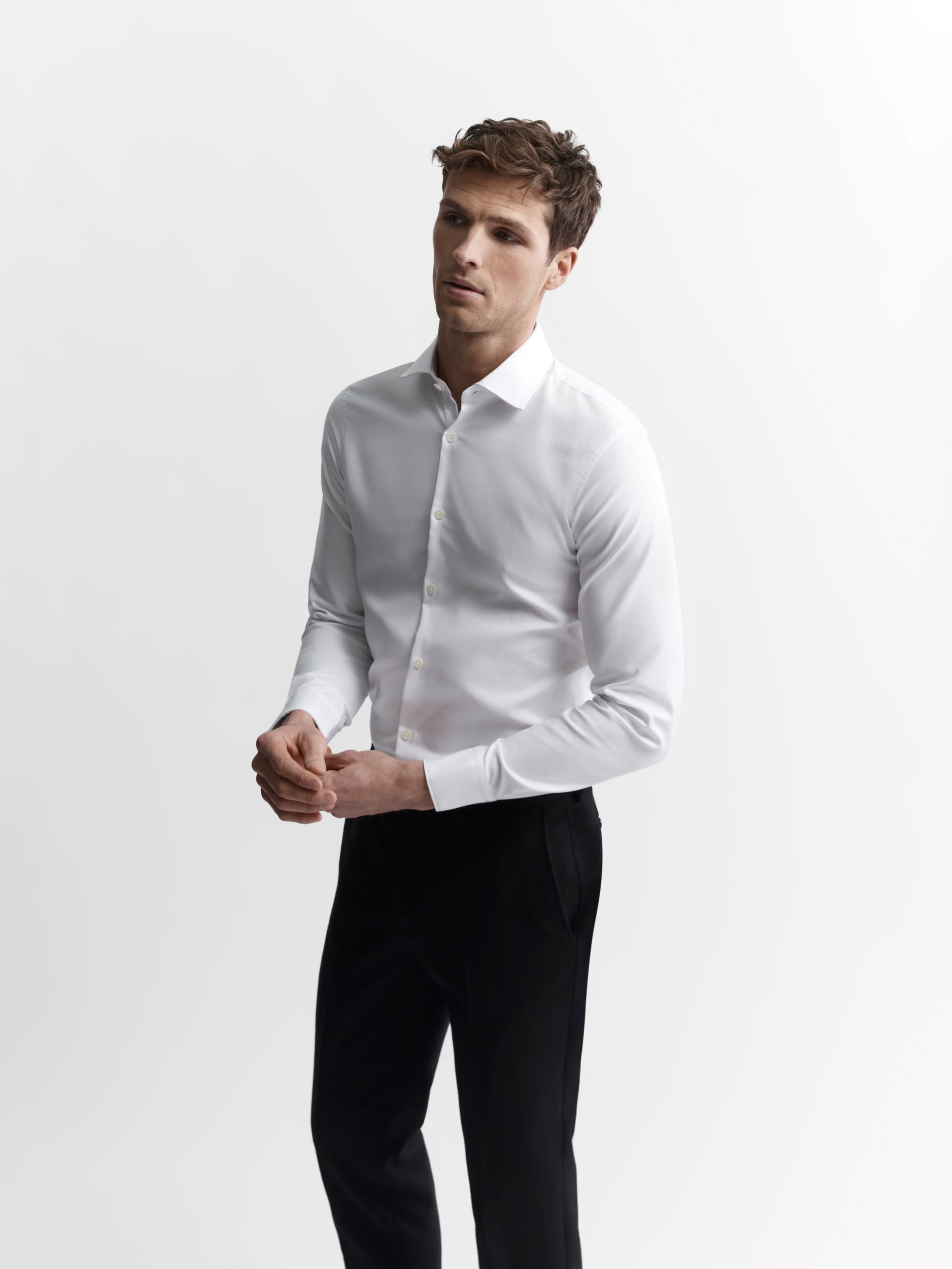 Image 3 of Non-Iron White Twill Fitted Single Cuff Classic Collar Shirt