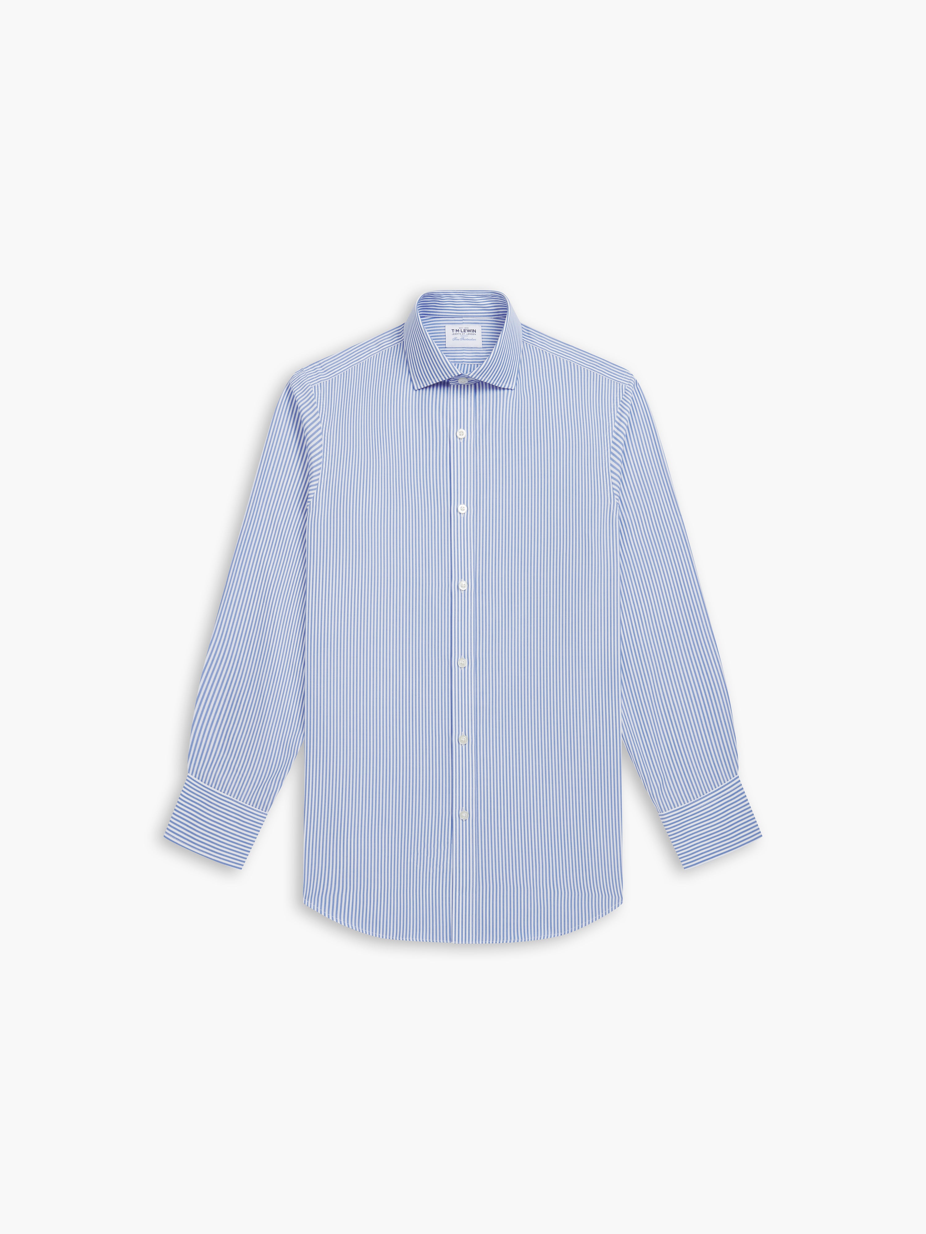 Non-Iron Light Blue Stripe Poplin Fitted Single Cuff Classic Collar Sh ...