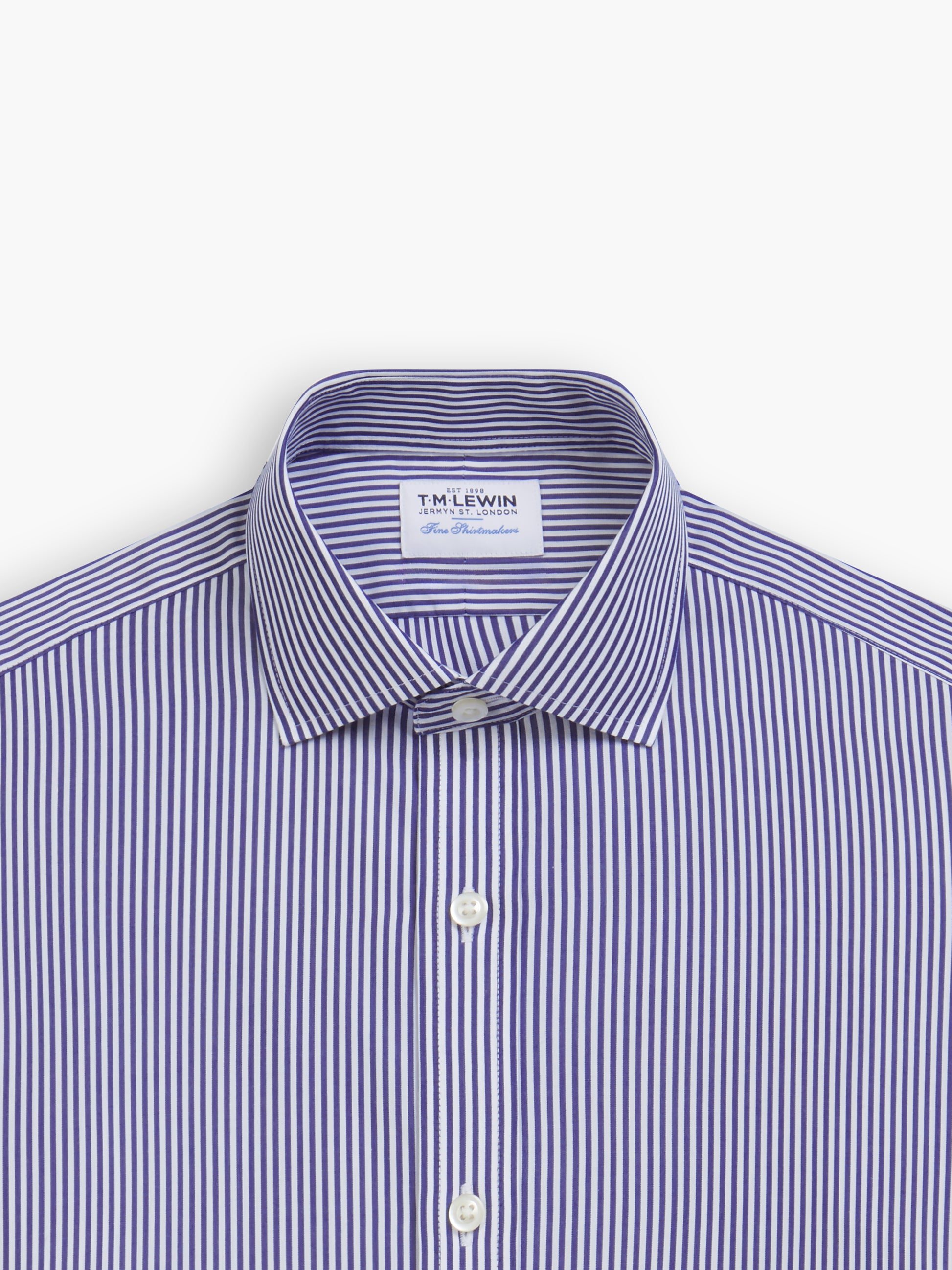 Image 1 of Non-Iron Navy Blue Wide Stripe Poplin Fitted Single Cuff Classic Collar Shirt