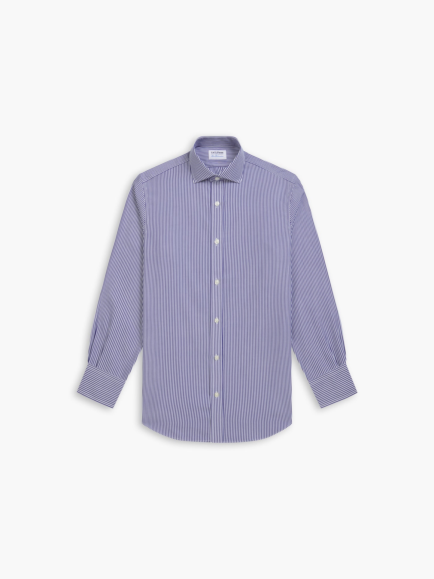 Image 2 of Non-Iron Navy Blue Wide Stripe Poplin Slim Fit Single Cuff Classic Collar Shirt