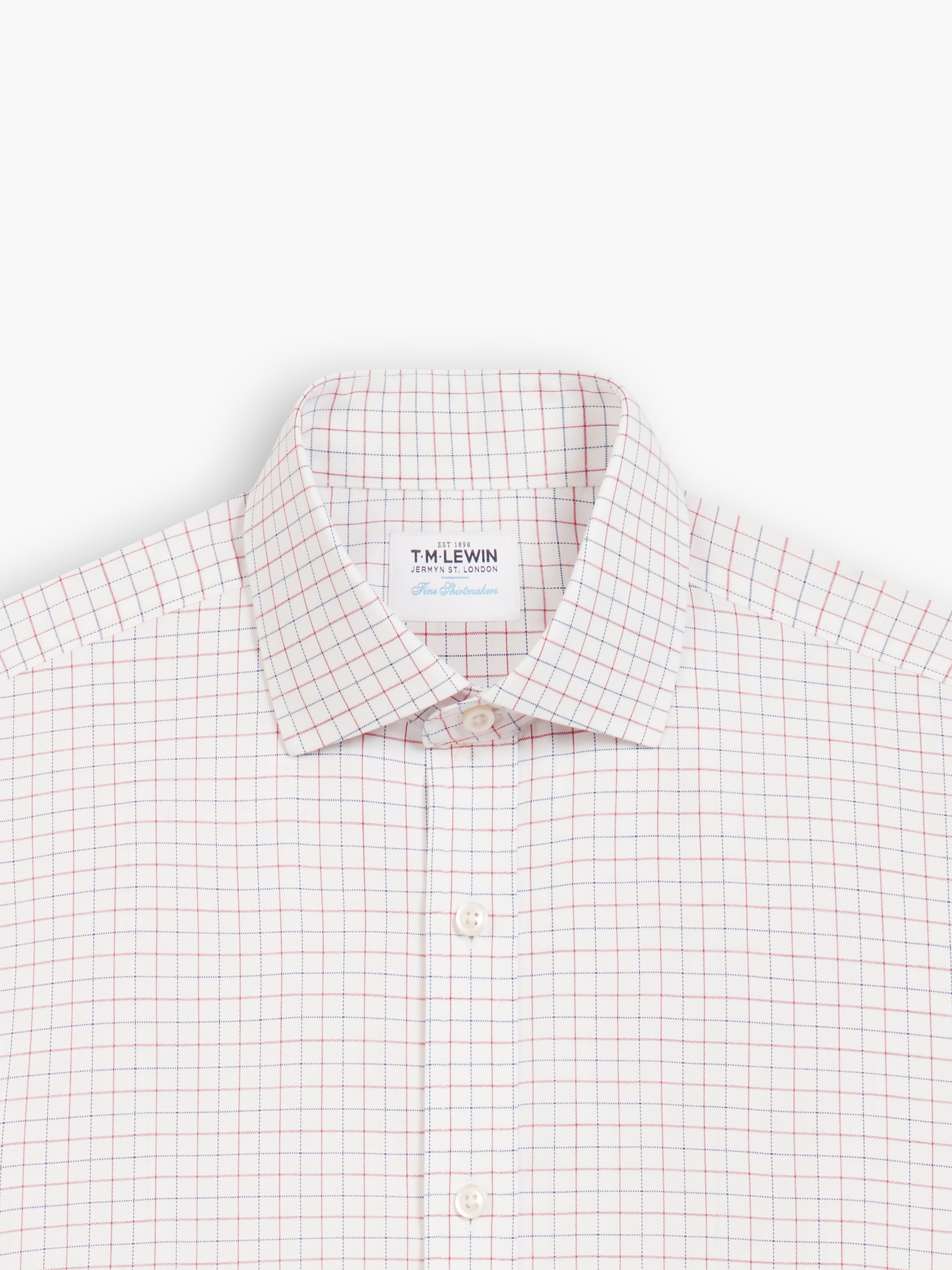 Non-Iron Navy & Red Double Check Oxford Fitted Single Cuff Classic Collar  Shirt