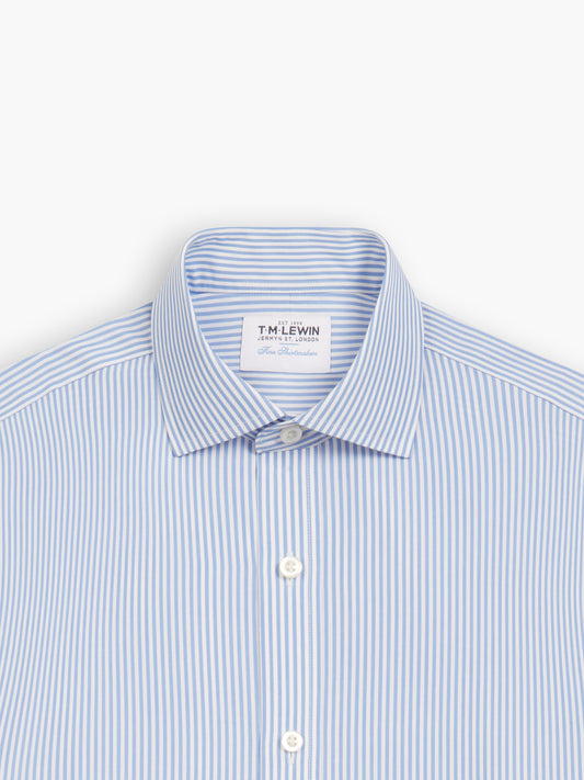 Image 1 of Non-Iron Slim Fit Light Blue Wide Stripe Poplin Classic Collar Single Cuff Shirt