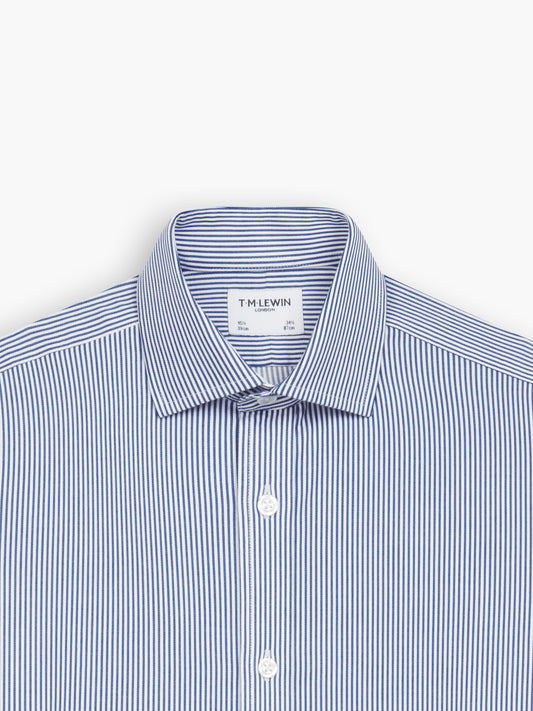 Non-Iron Navy Blue Bengal Stripe Twill Slim Fit Double Cuff Classic Collar Shirt