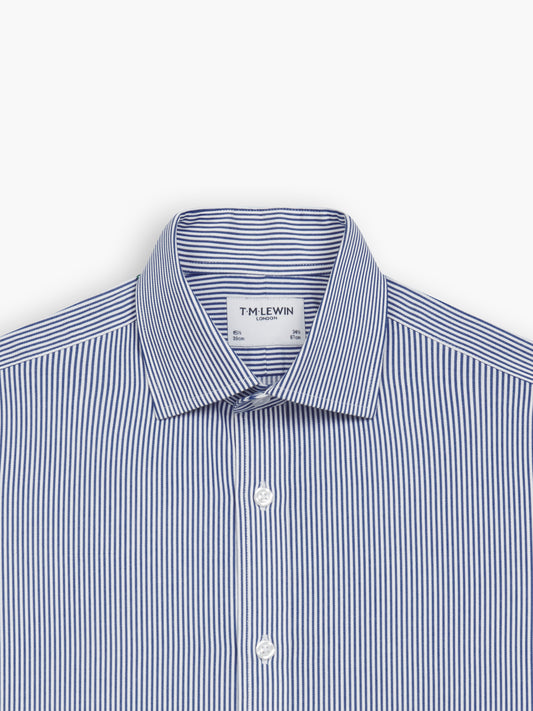 Non-Iron Navy Blue Bengal Stripe Twill Regular Fit Single Cuff Classic Collar Shirt