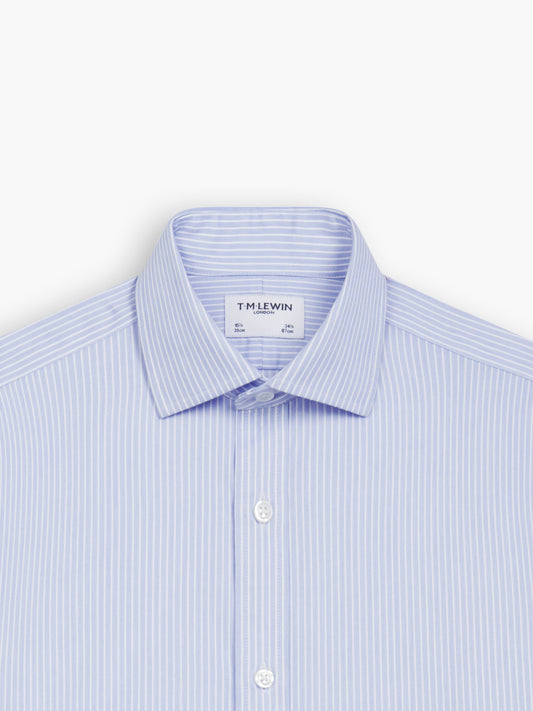Non-Iron Blue Chalk Stripe Twill Fitted Single Cuff Classic Collar Shirt