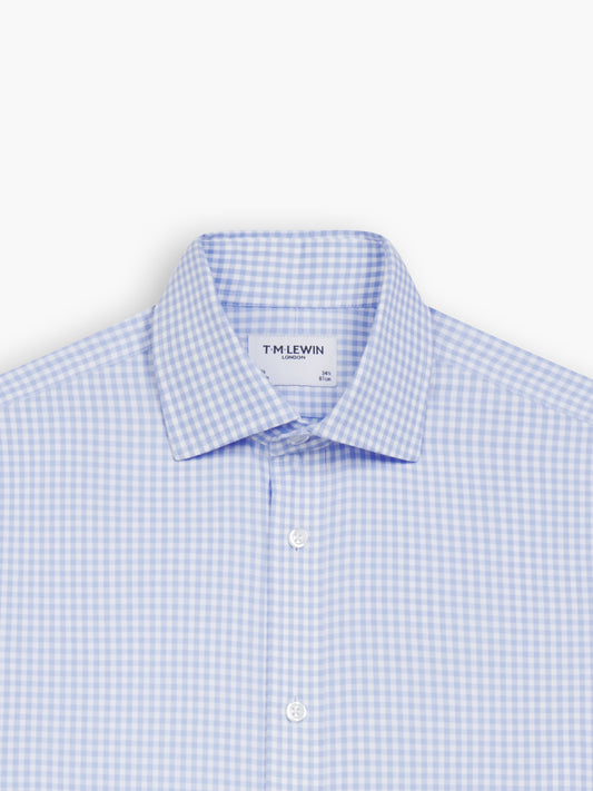 Non-Iron Light Blue Gingham Twill Regular Fit Single Cuff Classic Collar Shirt