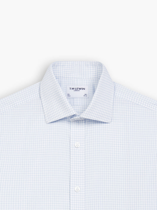 Non-Iron Blue Grid Check Twill Regular Fit Single Cuff Classic Collar Shirt