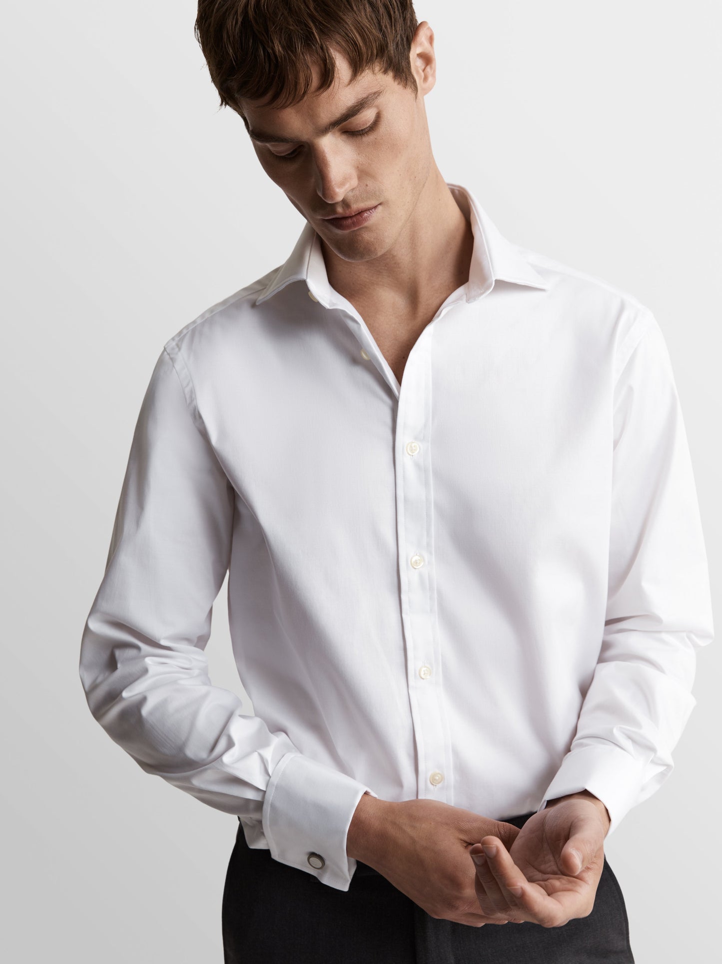 Non-Iron White Twill Fitted Double Cuff Semi Cutaway Collar Shirt