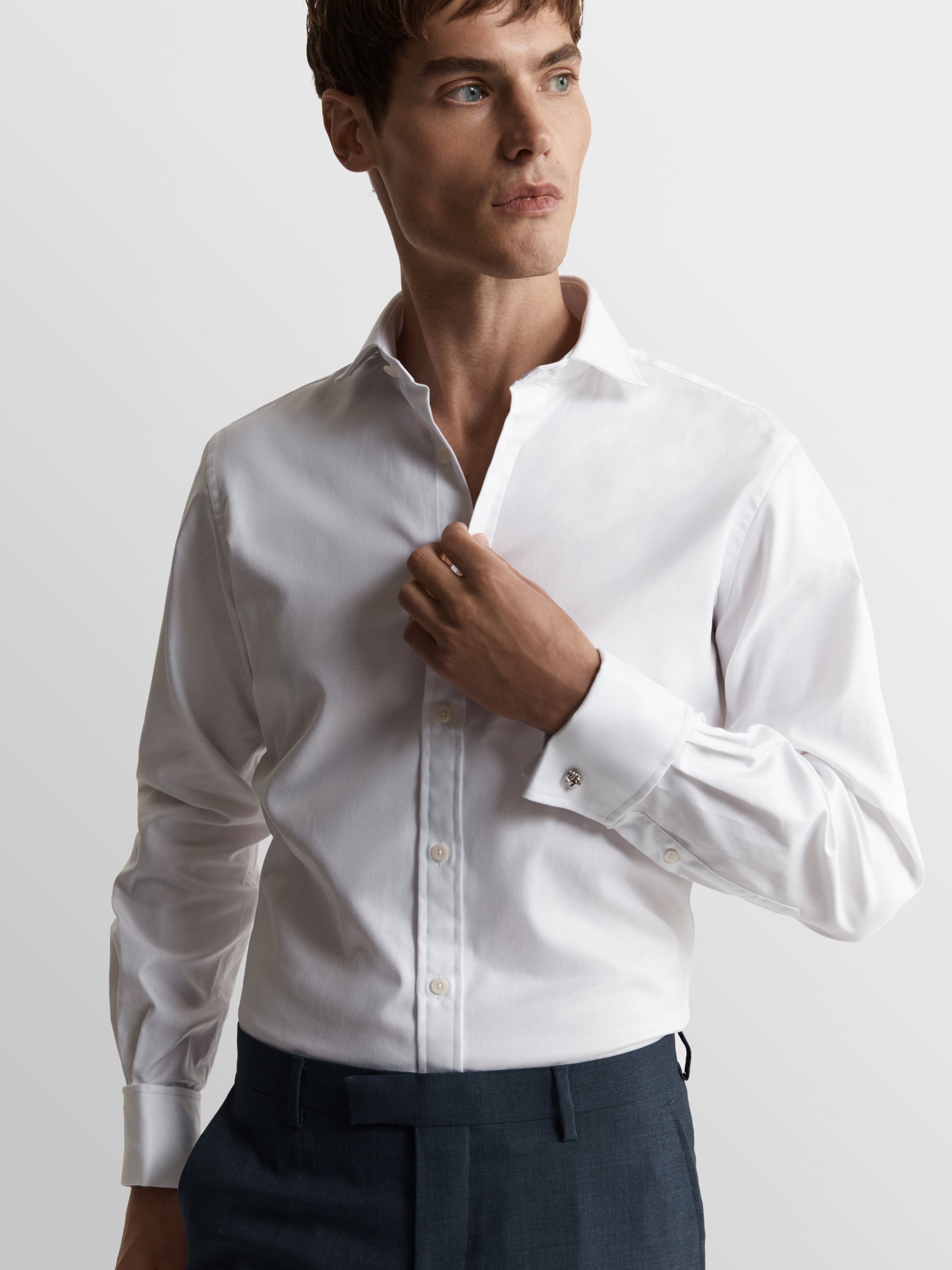 Image 1 of White Bold Twill Slim Fit Double Cuff Cutaway Collar Shirt