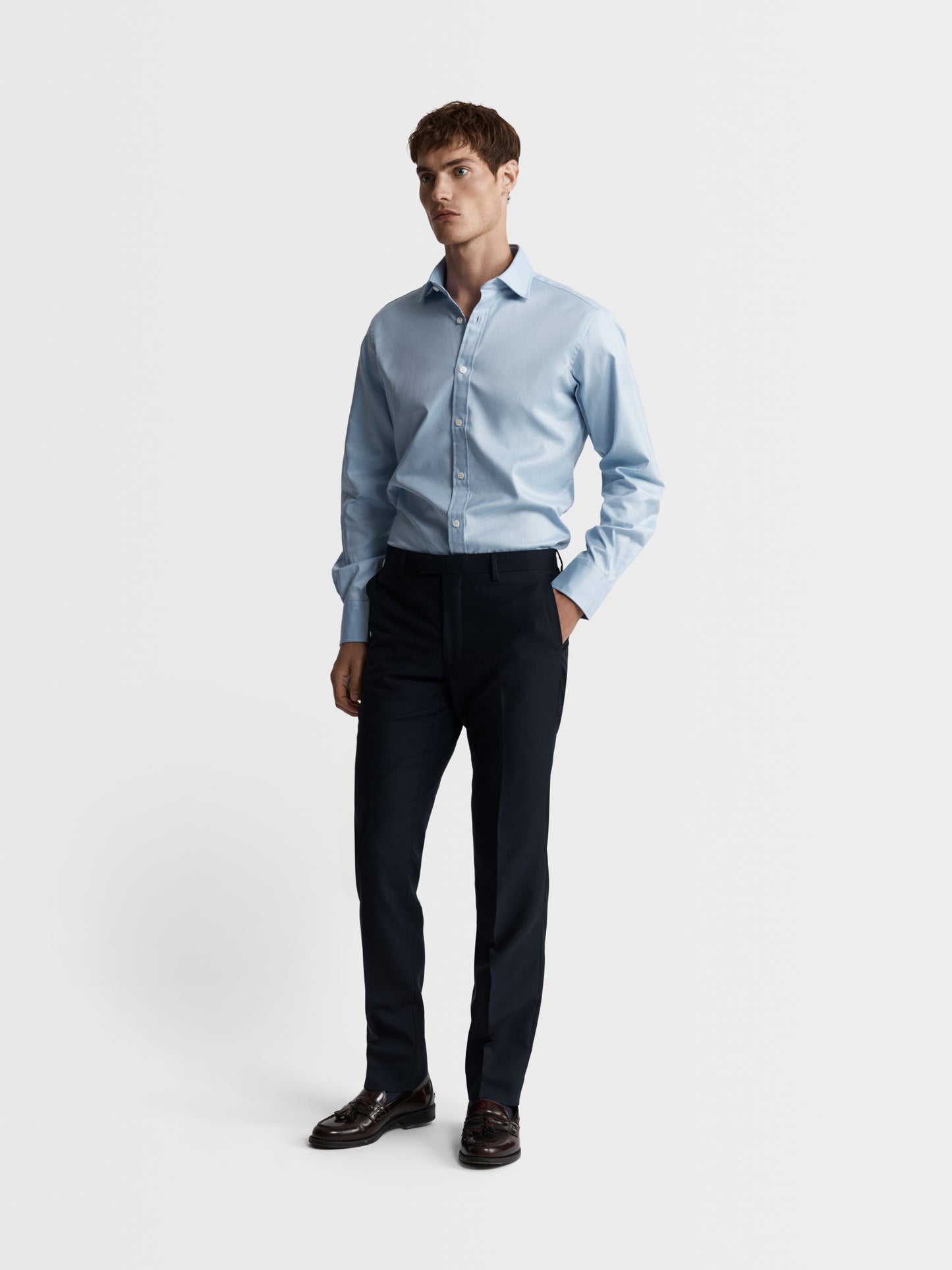 Image 3 of Blue Bold Twill Slim Fit Single Cuff Classic Collar Shirt