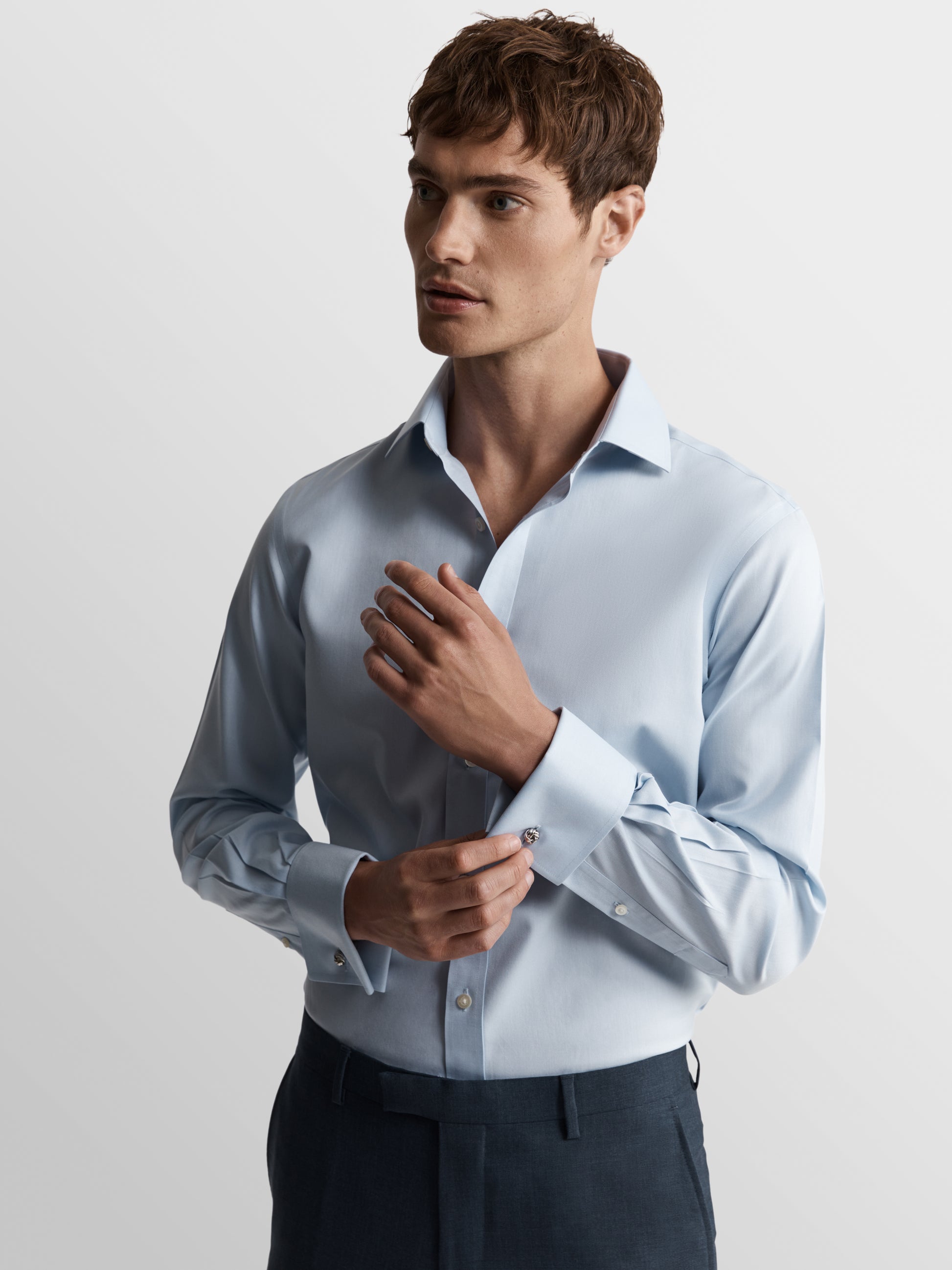 Image 1 of Non-Iron Light Blue Twill Regular Fit Double Cuff Classic Collar Shirt
