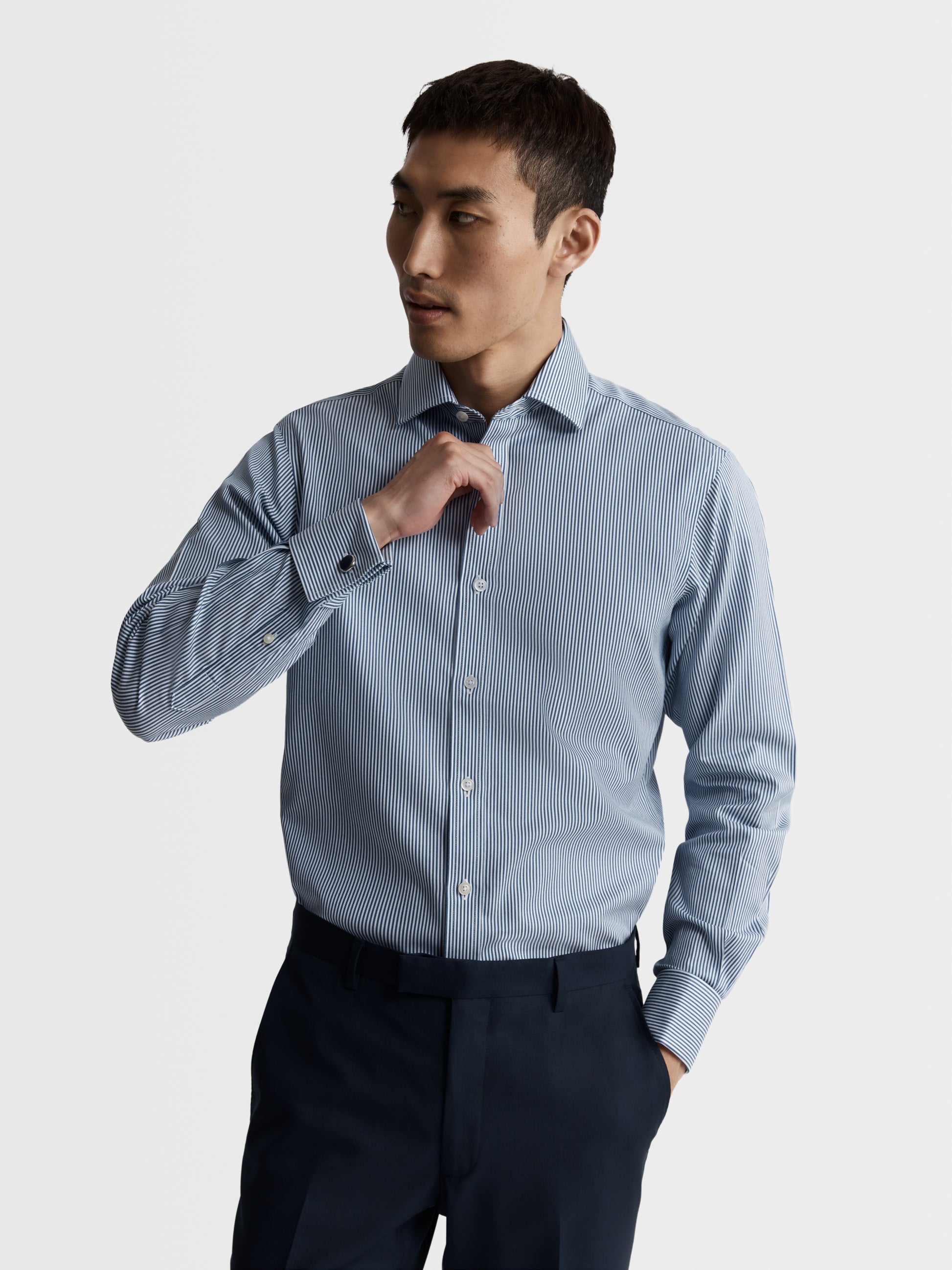 Image 1 of Non-Iron Navy Blue Bengal Stripe Twill Slim Fit Dual Cuff Classic Collar Shirt