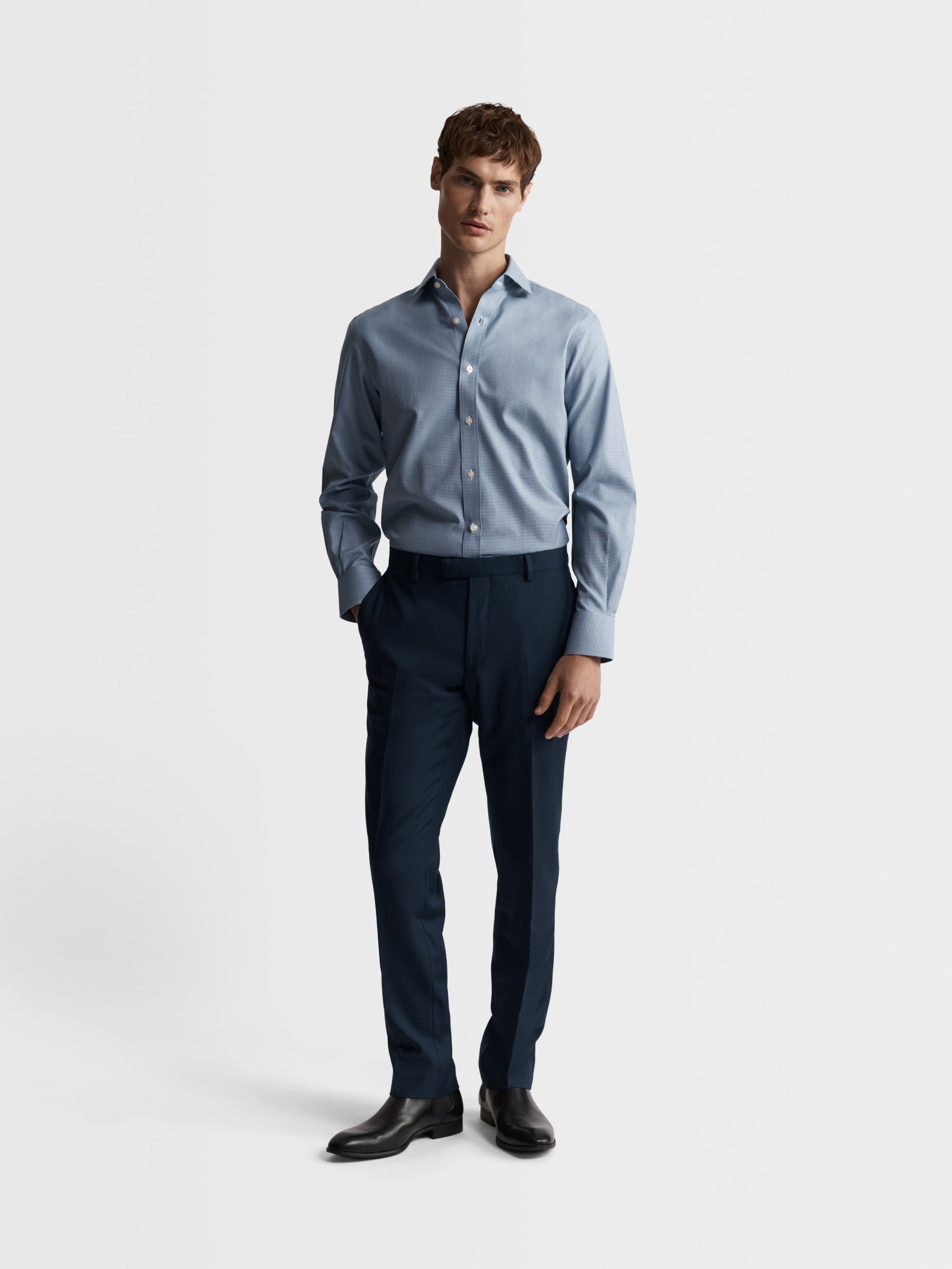Image 4 of Non-Iron Navy Blue Mini Dogtooth Plain Weave Slim Fit Single Cuff Classic Collar Shirt