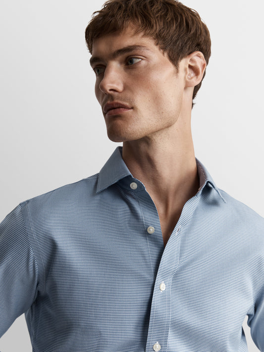 Image 2 of Non-Iron Navy Blue Mini Dogtooth Plain Weave Fitted Single Cuff Classic Collar Shirt