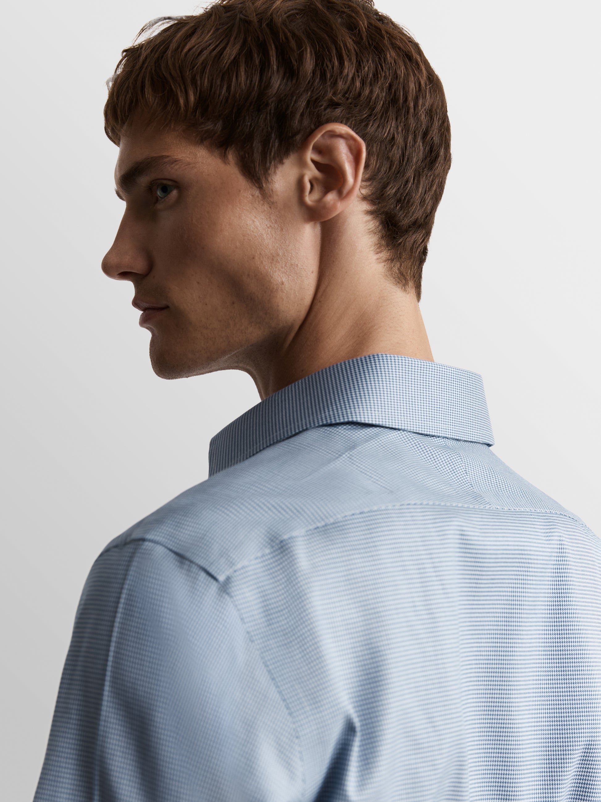 Image 3 of Non-Iron Navy Blue Mini Dogtooth Plain Weave Slim Fit Single Cuff Classic Collar Shirt