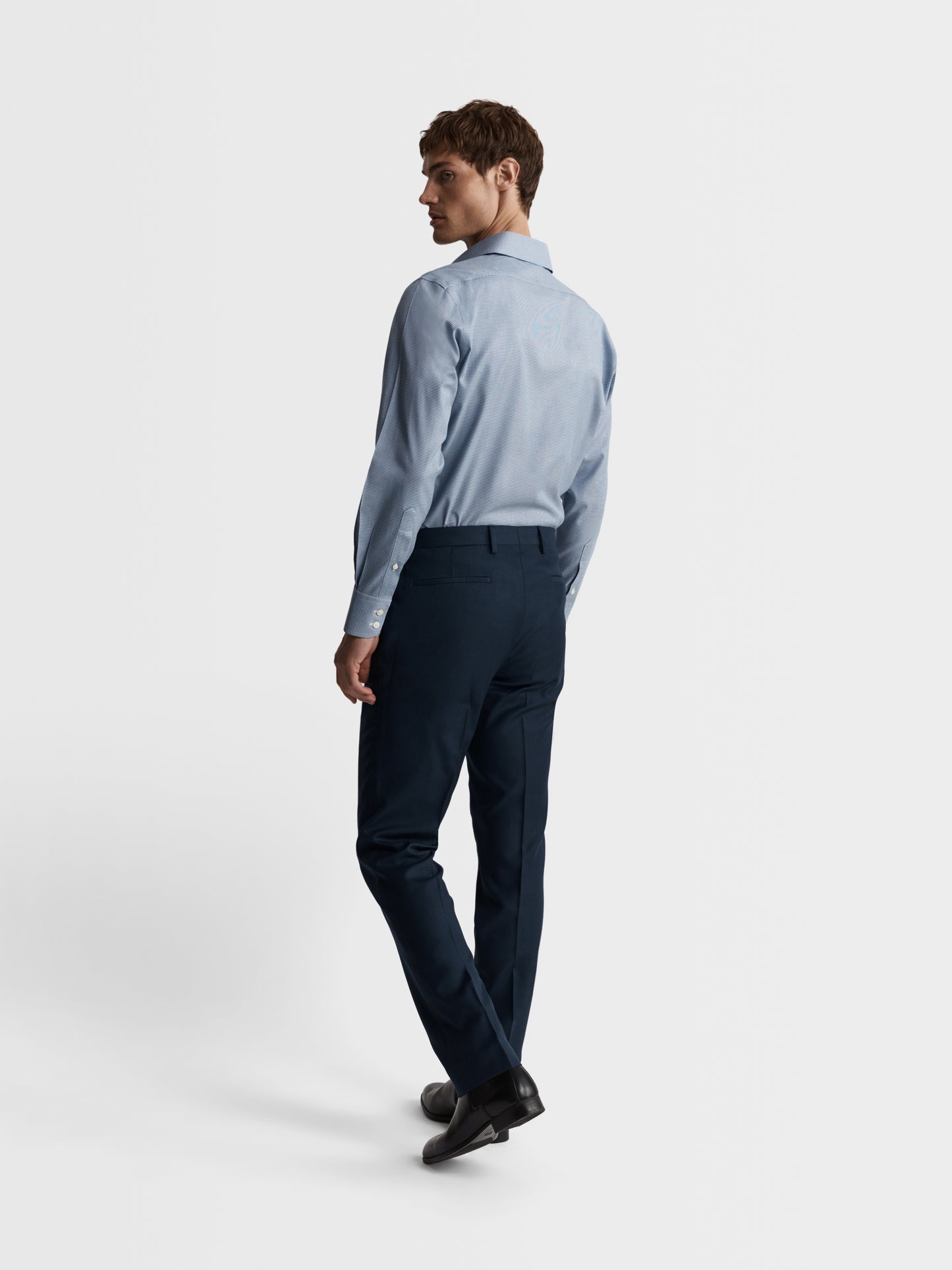 Image 5 of Non-Iron Navy Blue Mini Dogtooth Plain Weave Slim Fit Single Cuff Classic Collar Shirt