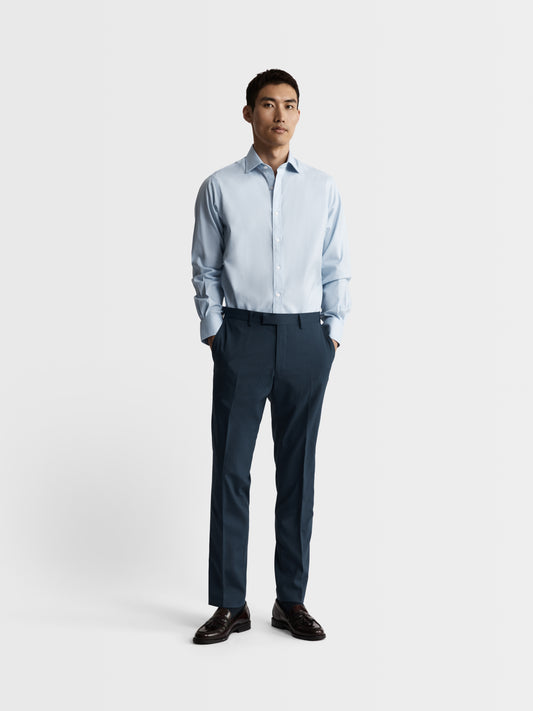Image 4 of Non-Iron Light Blue Mini Dogtooth Plain Weave Slim Fit Single Cuff Classic Collar Shirt