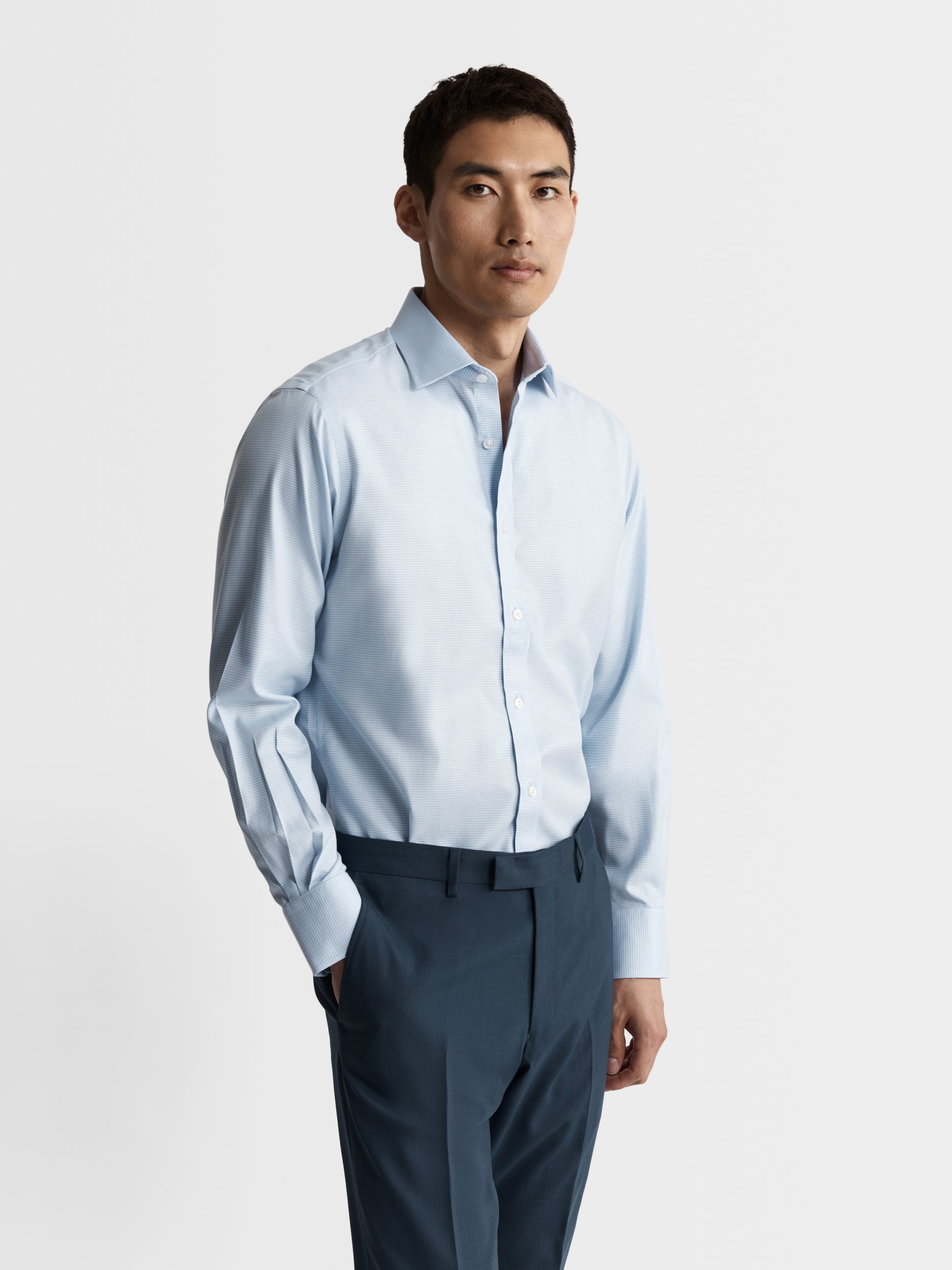 Image 1 of Non-Iron Light Blue Mini Dogtooth Plain Weave Slim Fit Single Cuff Classic Collar Shirt