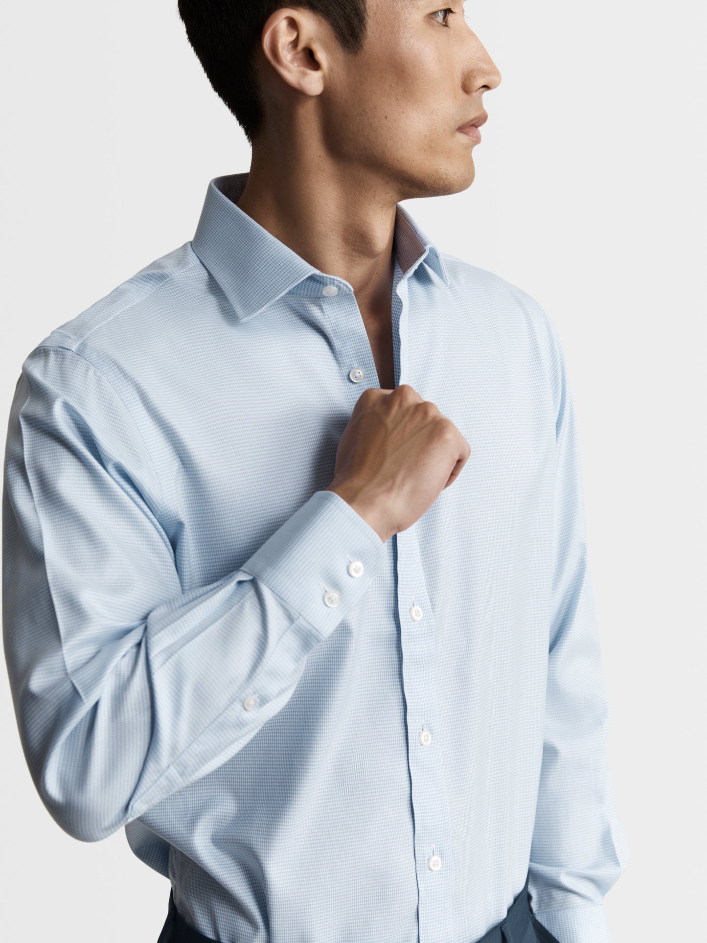 Image 2 of Non-Iron Light Blue Mini Dogtooth Plain Weave Slim Fit Single Cuff Classic Collar Shirt