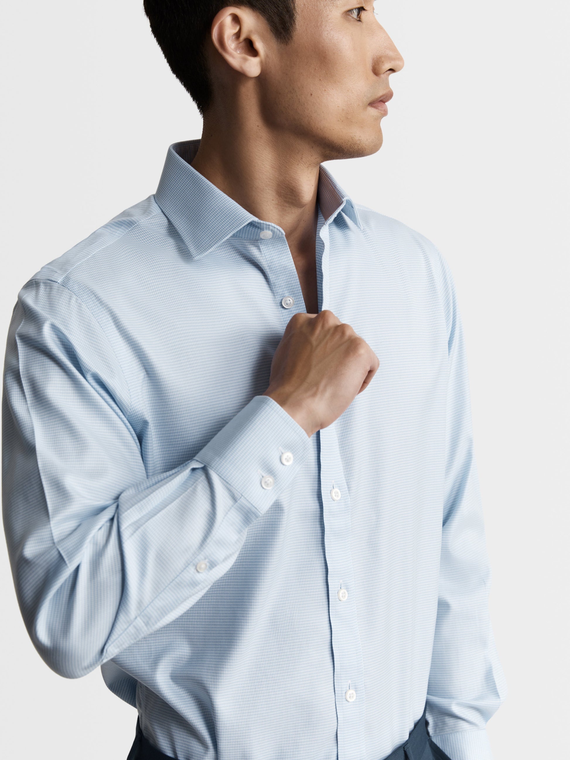 Image 2 of Non-Iron Light Blue Mini Dogtooth Plain Weave Slim Fit Single Cuff Classic Collar Shirt