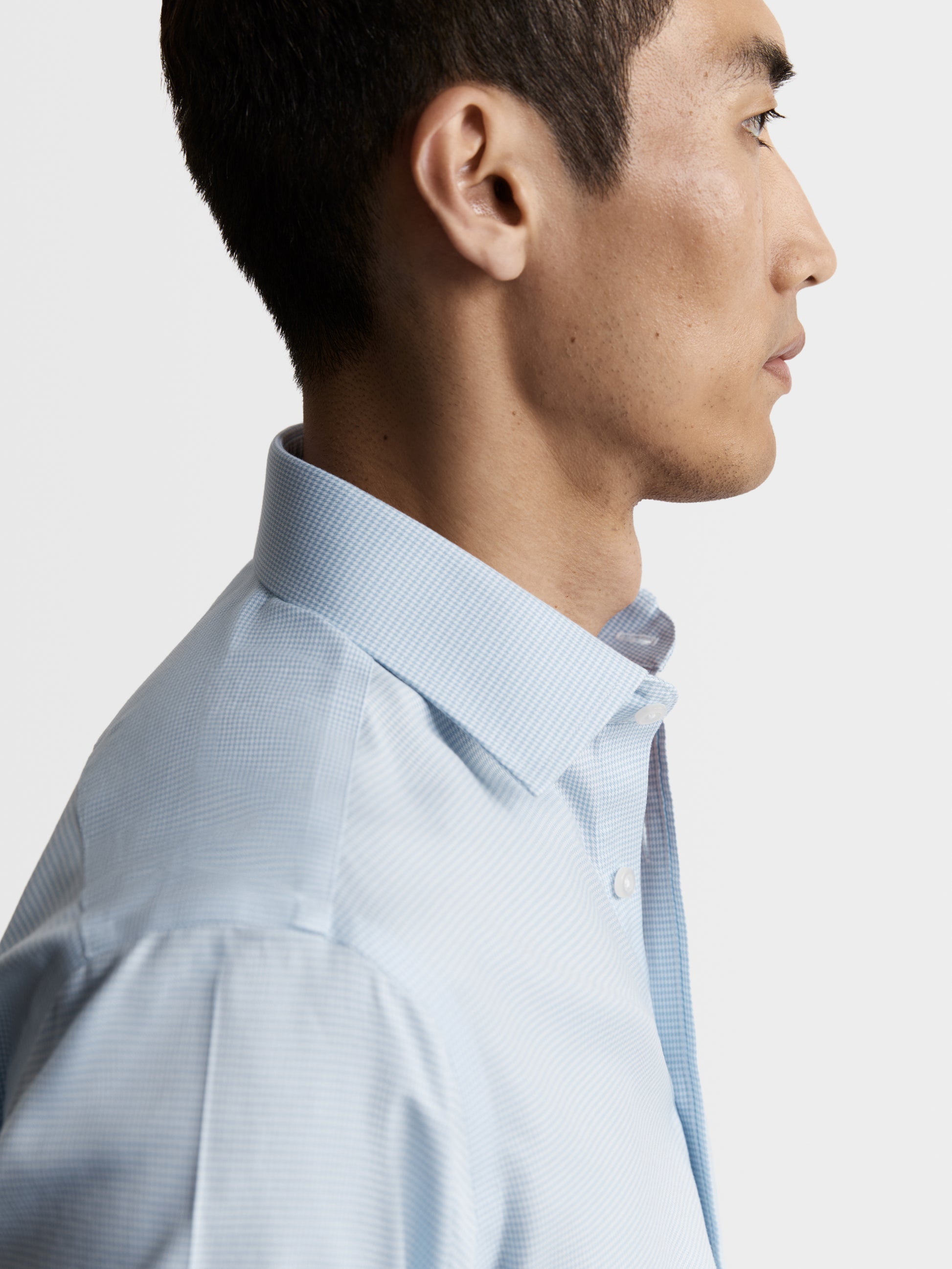Image 3 of Non-Iron Light Blue Mini Dogtooth Plain Weave Slim Fit Single Cuff Classic Collar Shirt