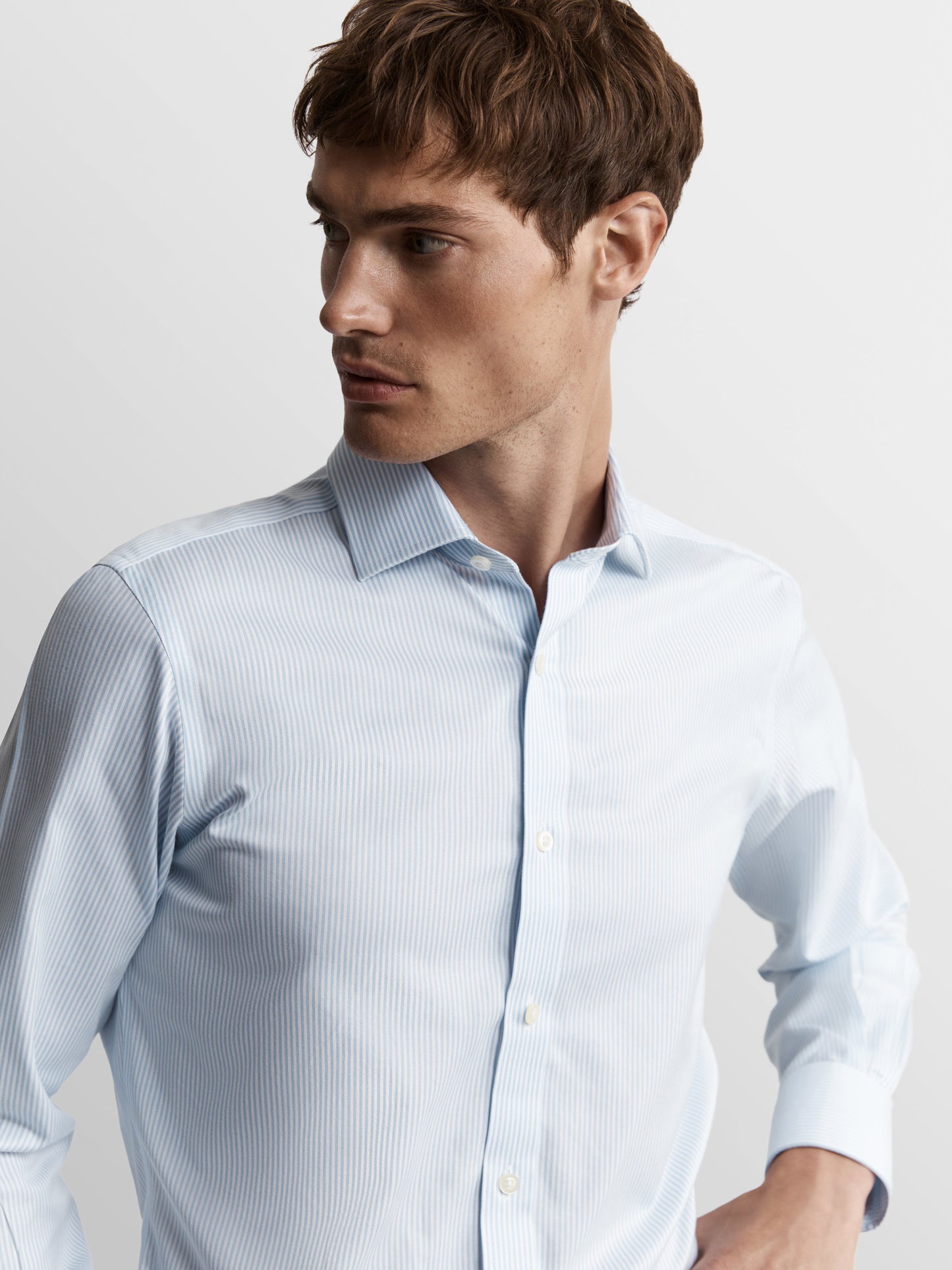 Non-Iron Light Blue Bengal Stripe Twill Fitted Single Cuff Classic Collar Shirt