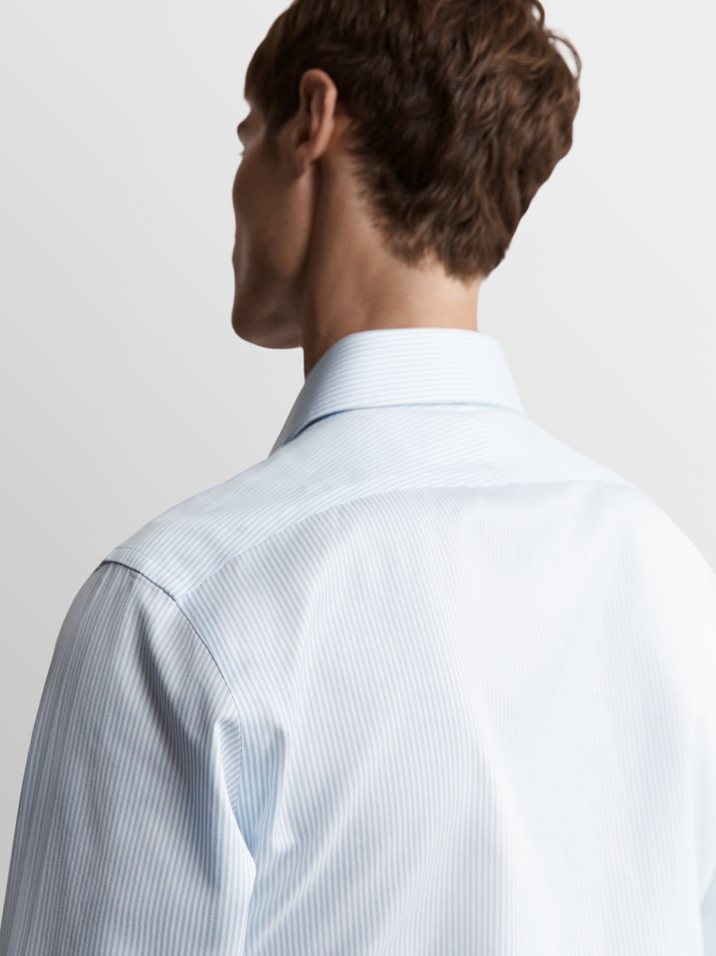 Non-Iron Light Blue Bengal Stripe Twill Fitted Single Cuff Semi Cutaway Collar Shirt