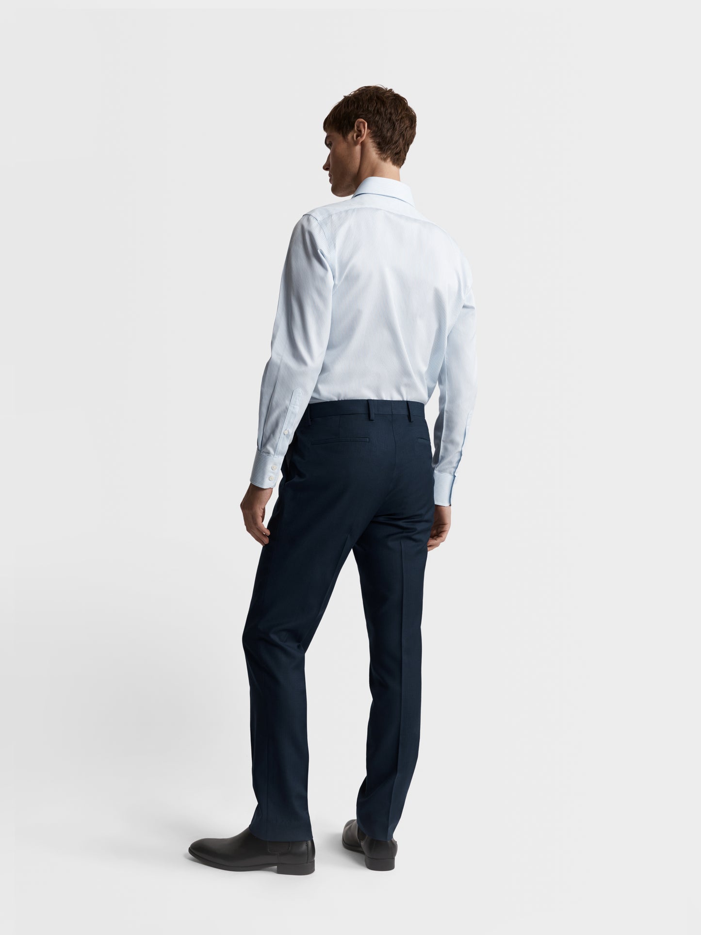 Non-Iron Light Blue Bengal Stripe Twill Slim Fit Single Cuff Semi Cutaway Collar Shirt
