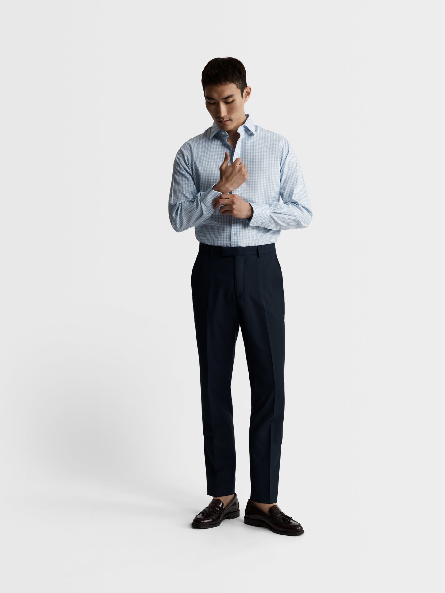Image 4 of Non-Iron Light Blue Gingham Twill Slim Fit Single Cuff Classic Collar Shirt
