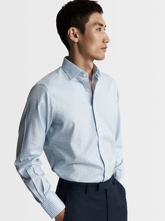 Image 1 of Non-Iron Light Blue Gingham Twill Slim Fit Single Cuff Classic Collar Shirt
