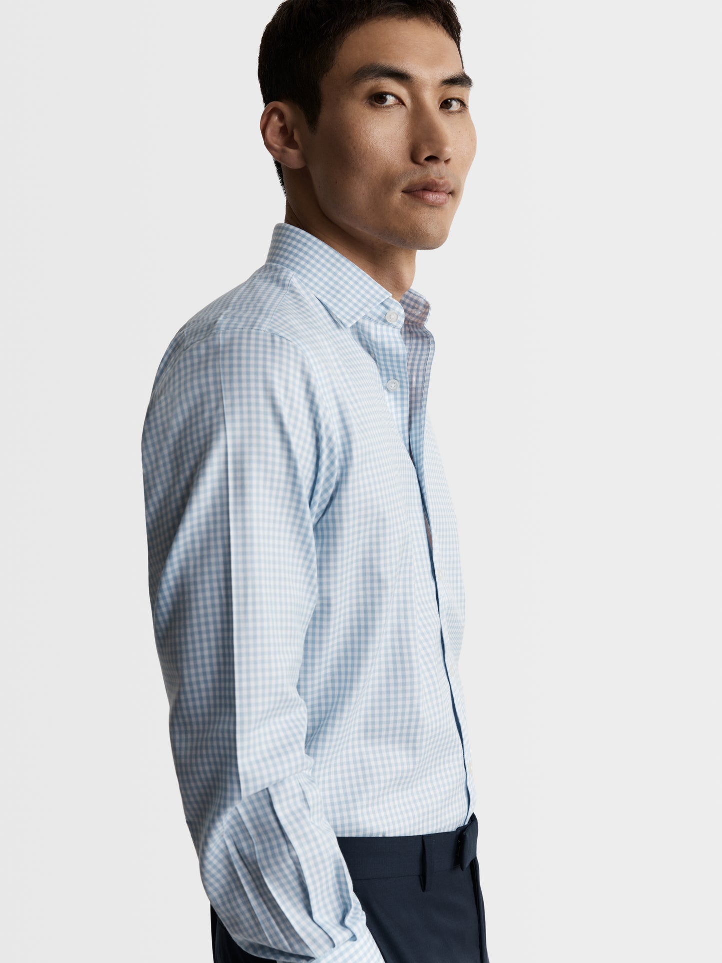 Image 2 of Non-Iron Light Blue Gingham Twill Slim Fit Single Cuff Classic Collar Shirt
