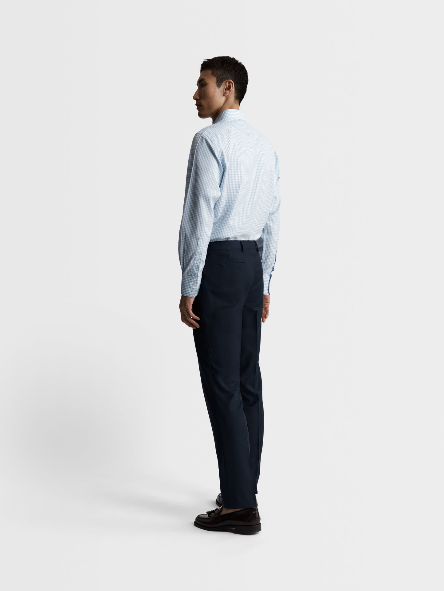 Image 5 of Non-Iron Light Blue Gingham Twill Slim Fit Single Cuff Classic Collar Shirt