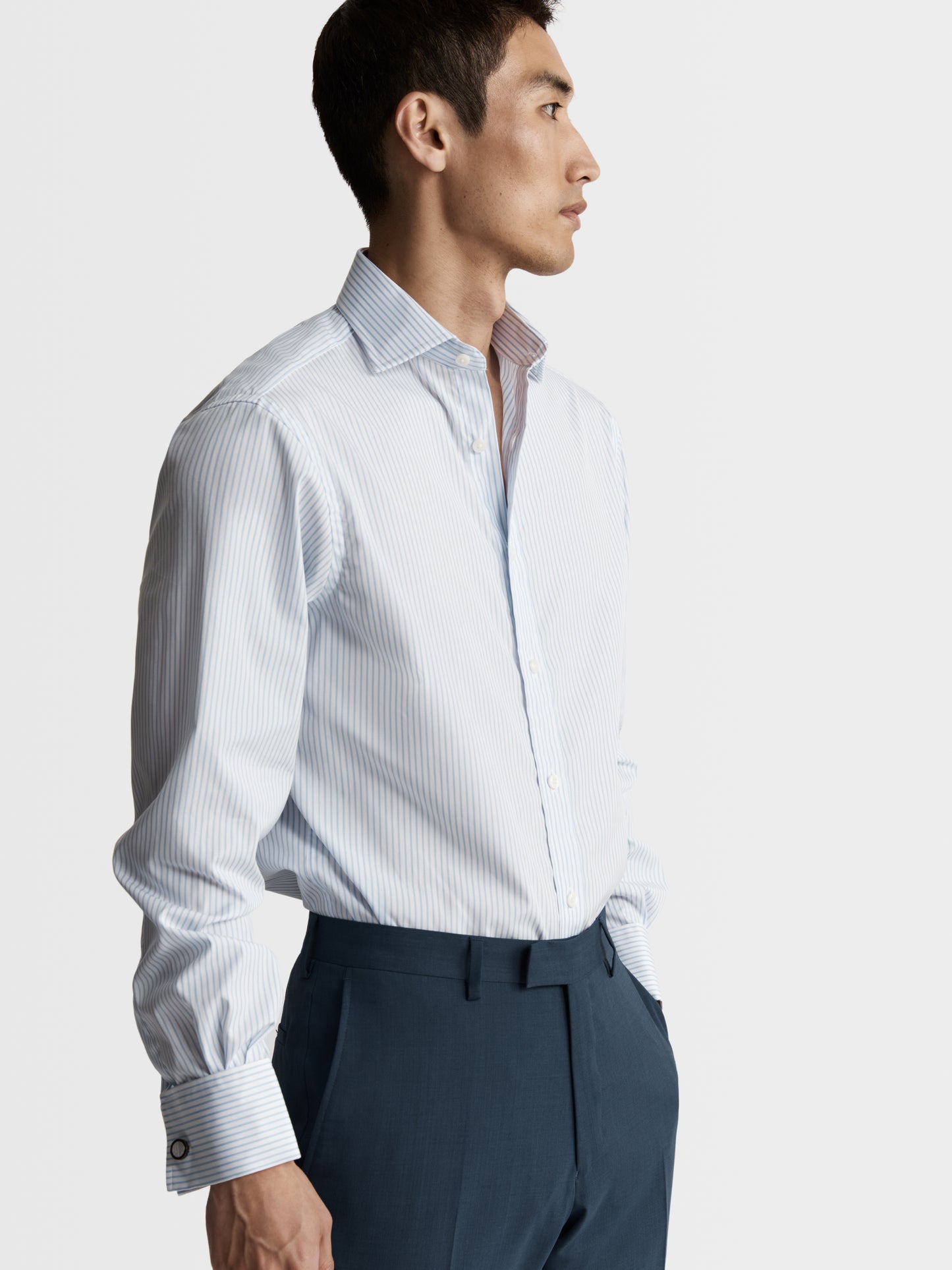 Image 1 of Light Blue Pencil Stripe Poplin Regular Fit Double Cuff Classic Collar Shirt