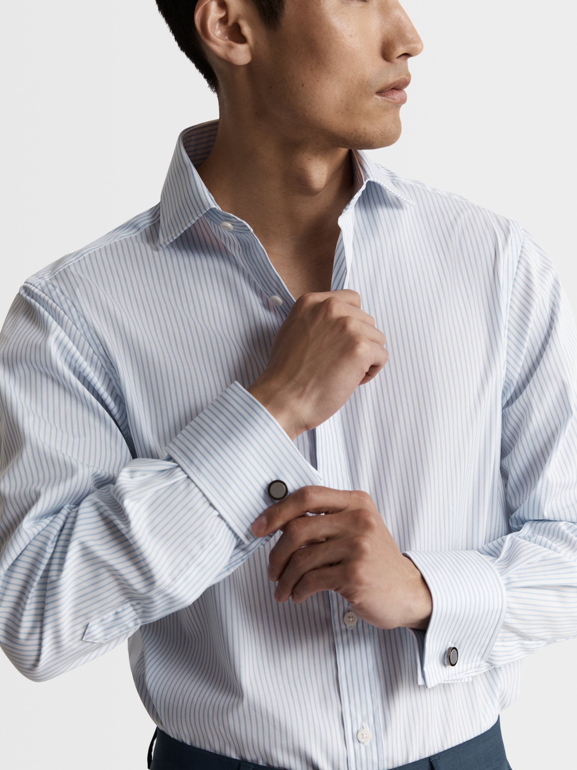 Image 3 of Light Blue Pencil Stripe Poplin Slim Fit Double Cuff Classic Collar Shirt