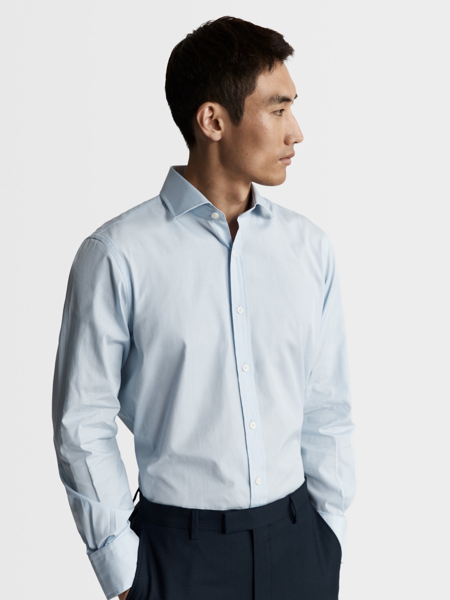 Image 1 of Light Blue End-on-End Slim Fit Single Cuff Classic Collar Shirt