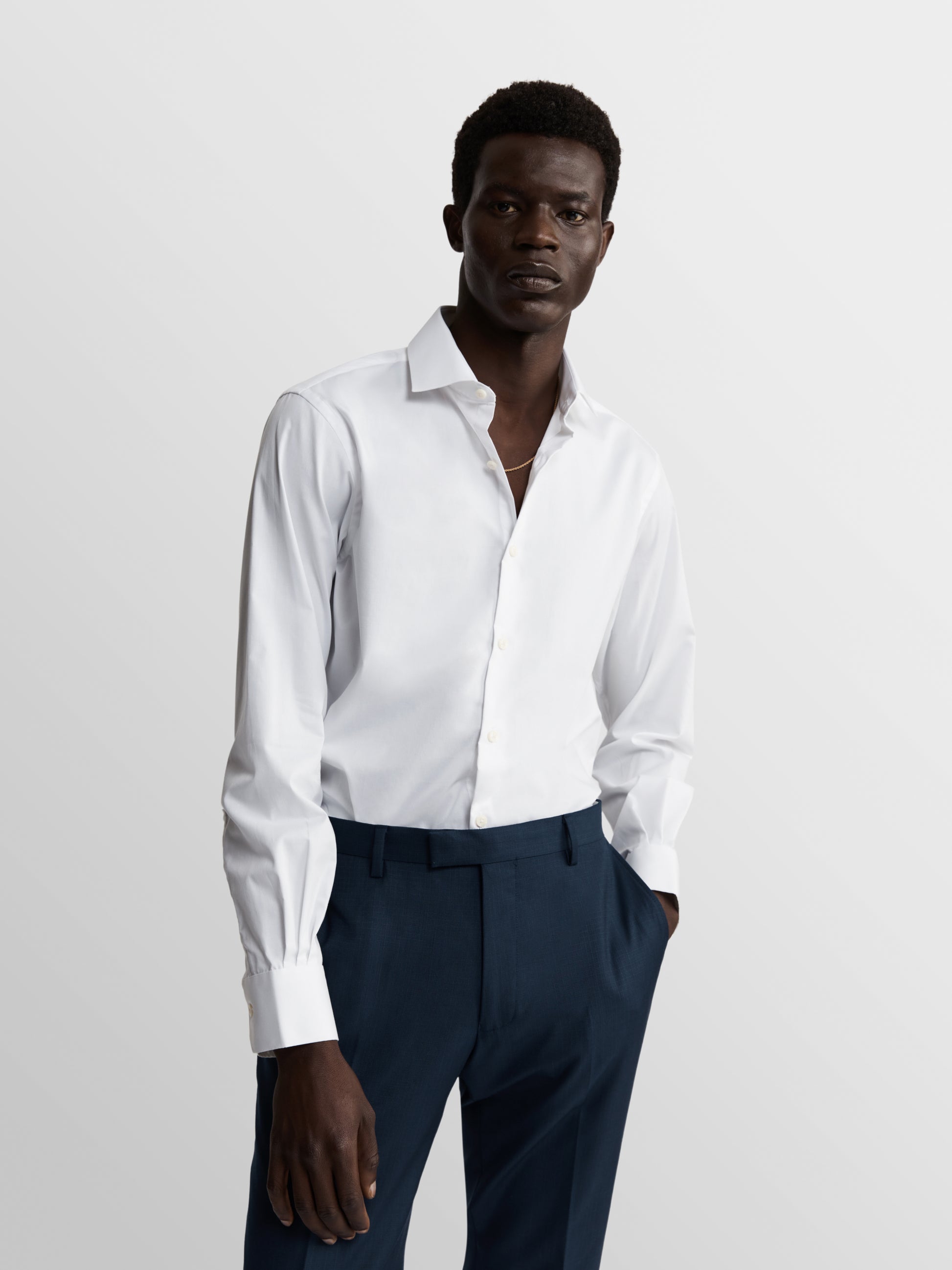 Image 1 of White Stretch Twill Super Fitted Single Cuff Classic Collar Shirt