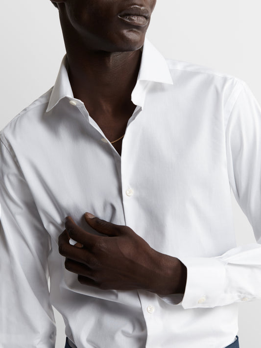 Image 2 of White Stretch Twill Fitted Single Cuff Classic Collar Shirt