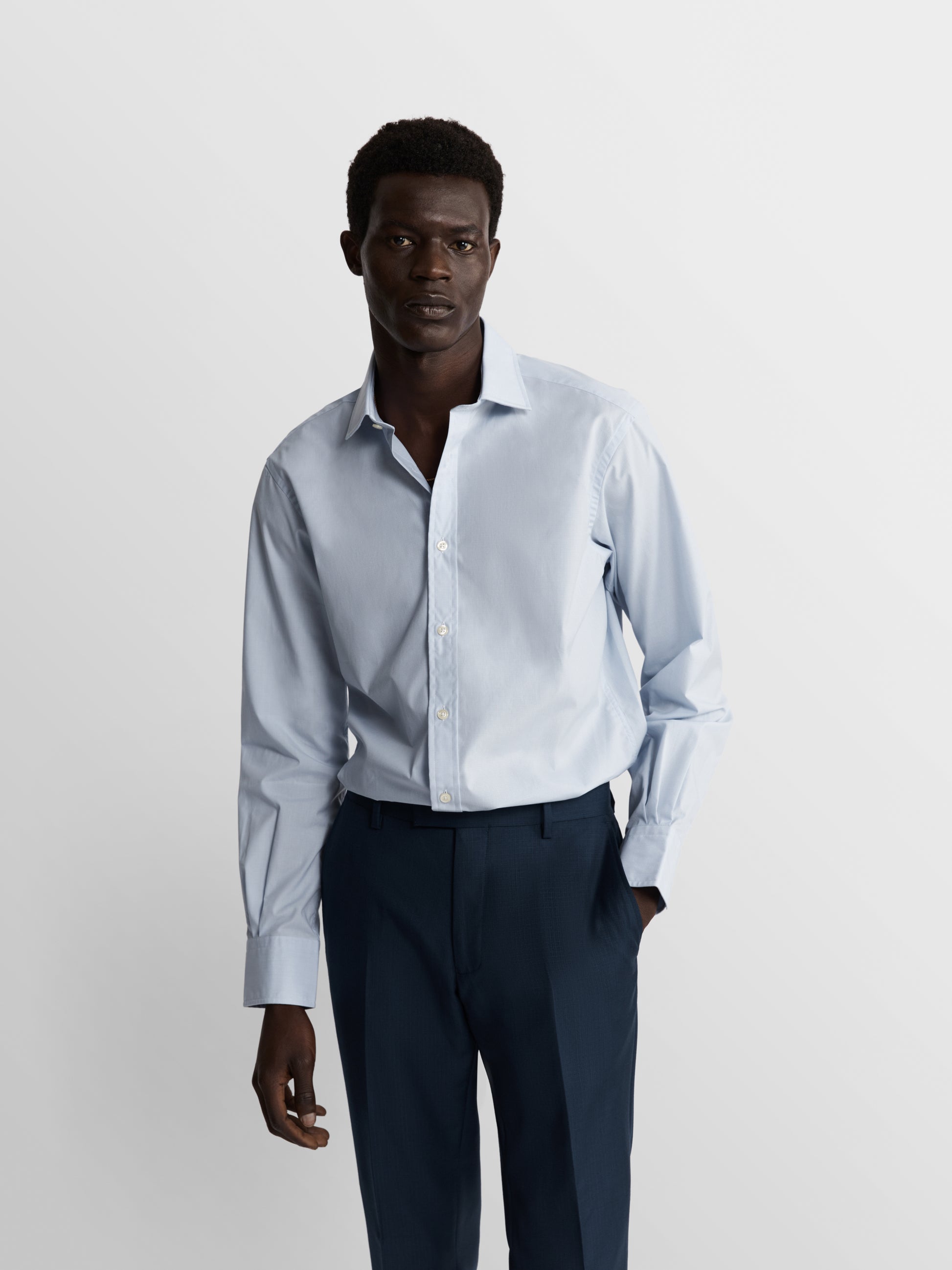 Image 1 of Light Blue Micro Check Plain Weave Slim Fit Single Cuff Classic Collar Shirt