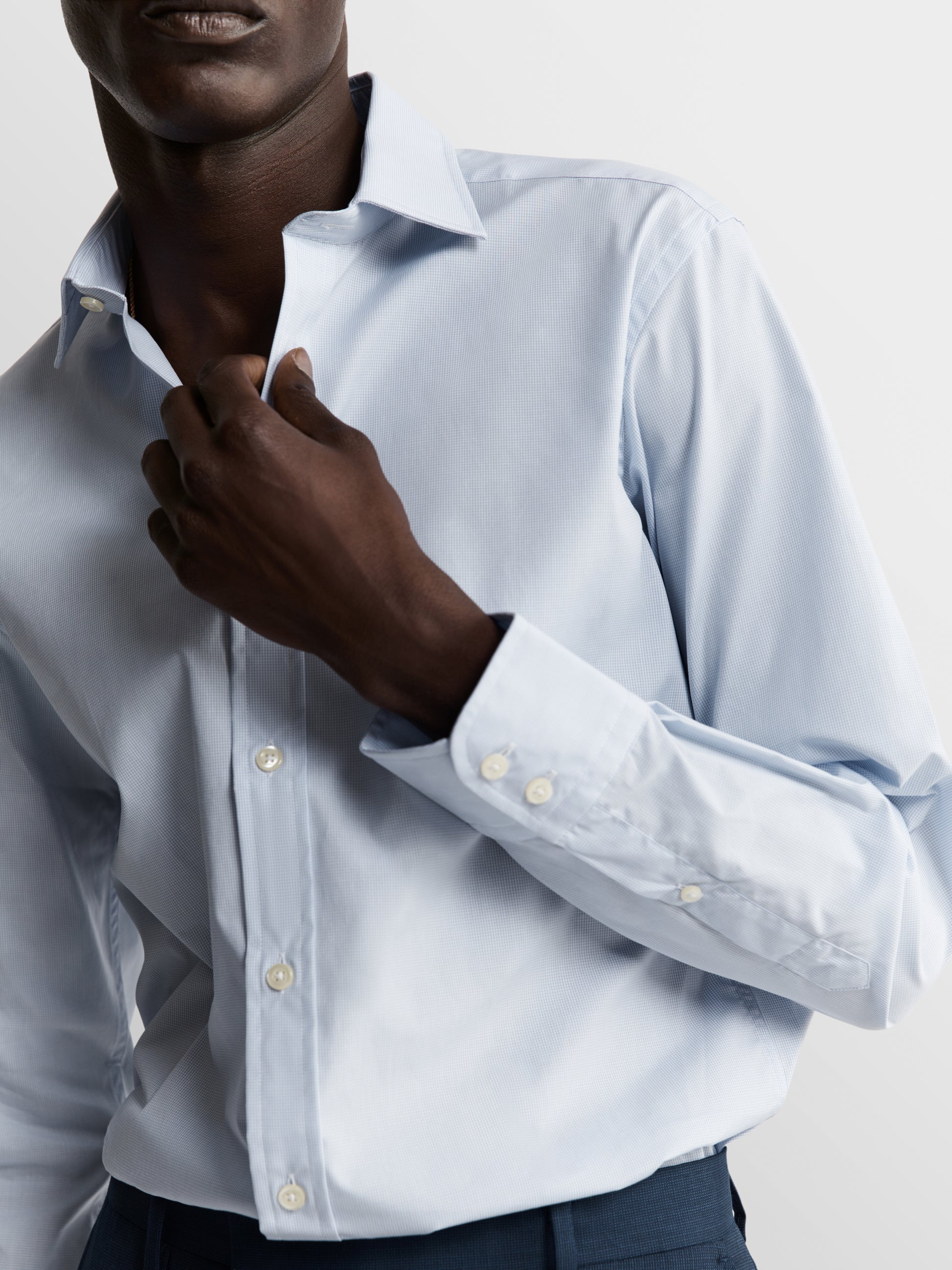 Image 2 of Light Blue Micro Check Plain Weave Slim Fit Single Cuff Classic Collar Shirt