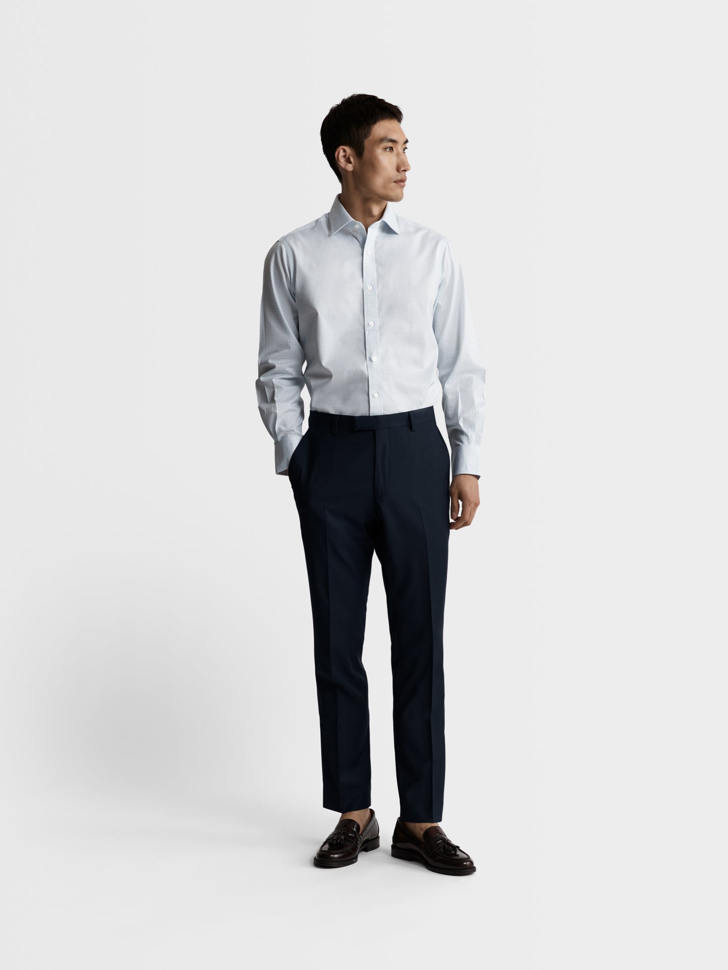 Image 4 of Non-Iron Blue Grid Check Twill Slim Fit Single Cuff Classic Collar Shirt