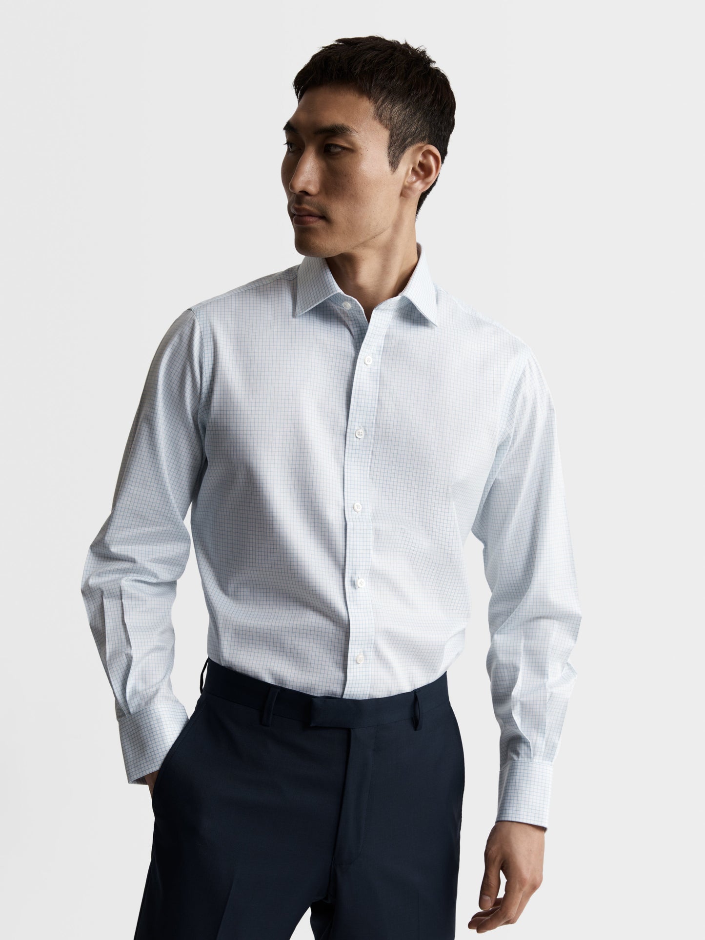 Image 1 of Non-Iron Blue Grid Check Twill Slim Fit Single Cuff Classic Collar Shirt